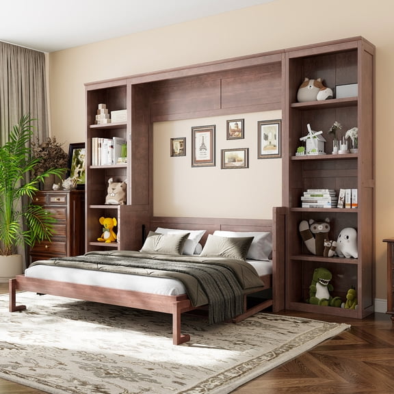 Noble House Blair Queen Size Murphy Bed with Integrated Desk and Bookshelf, Folding Wall Bed, Dark Brown