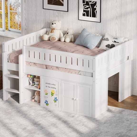 Noble House Blanche Full Loft Bed, Creative Chalkboard Panel and Double Door Storage Cabinet, Solid Wood Frame, White