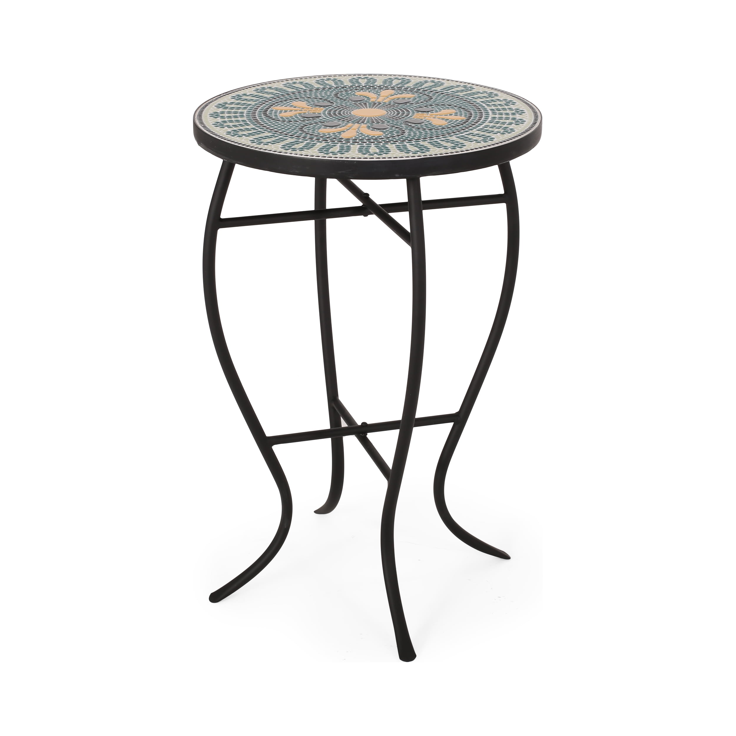 Teal and Yellow Tile Top Iron Side Table for Indoor/Outdoor Use