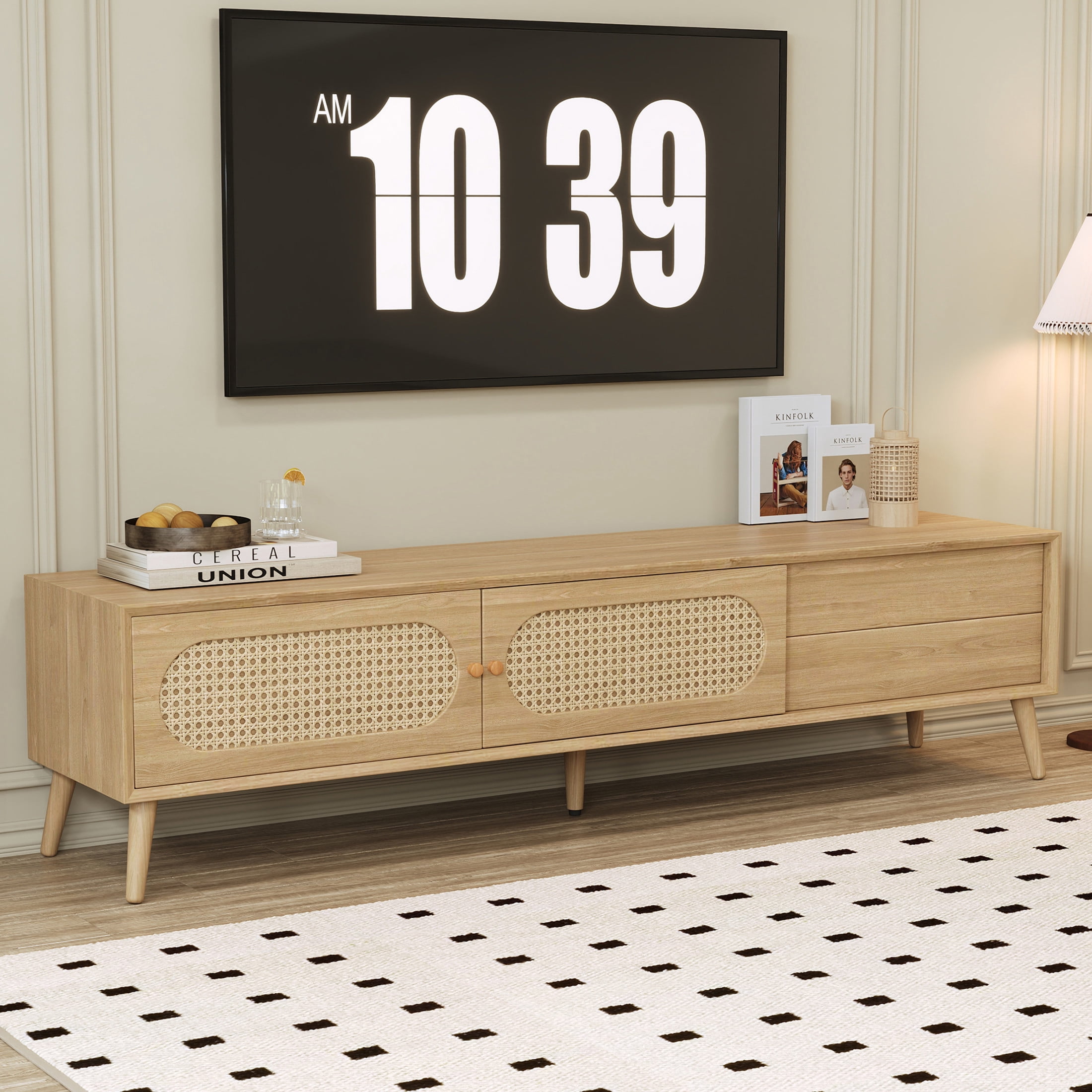 Noble House Boho TV Stand for TVs up to 80'' with Storage Drawer and Sliding Cabinets, Natural