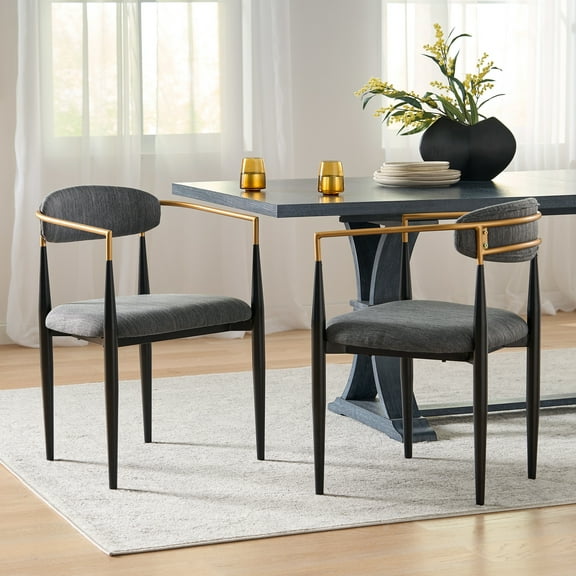 Noble House Boise Fabric Upholstered Metal Dining Chairs, Set of 2, Charcoal, Black, and Gold