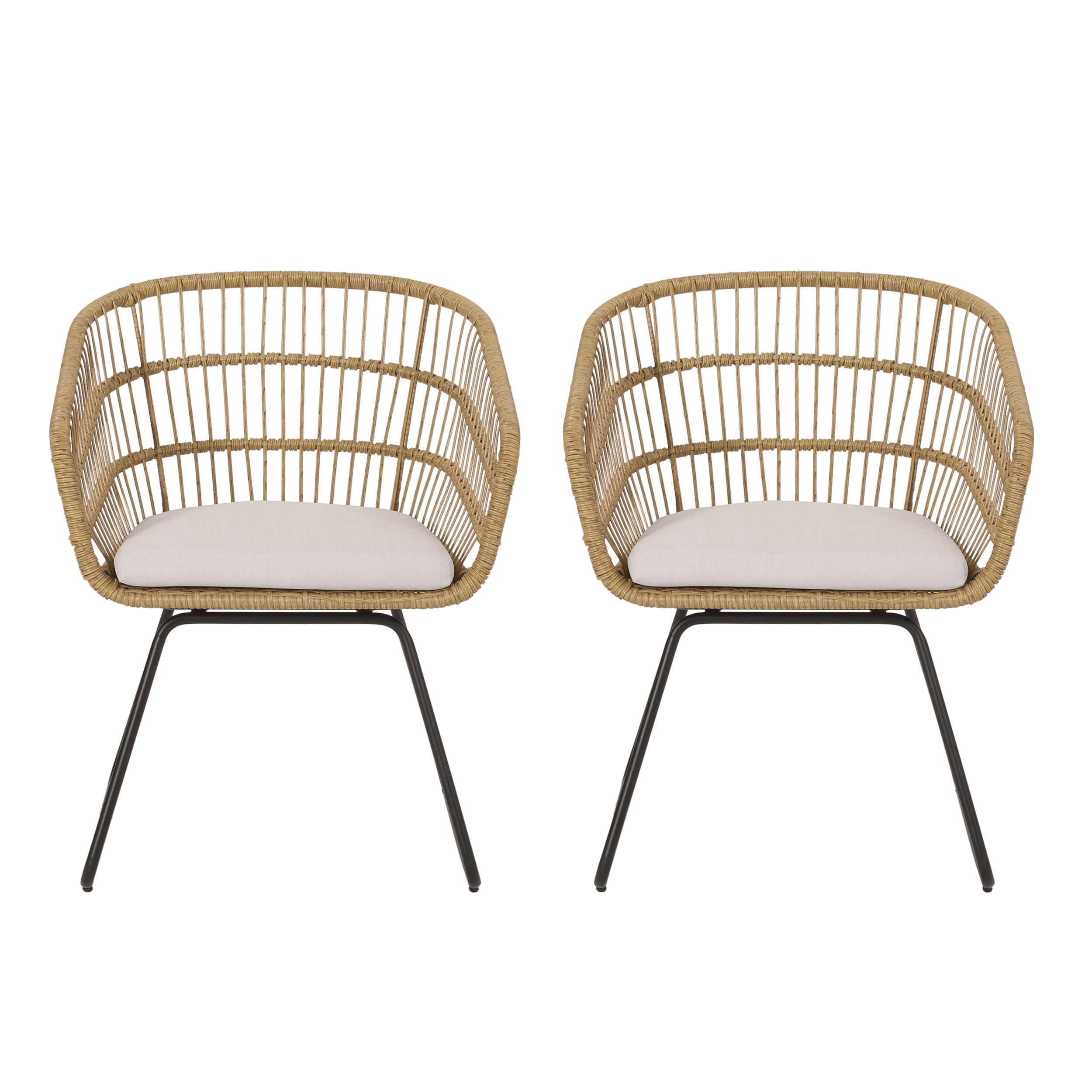 Set of 2 Light Brown and Beige Wicker Outdoor Dining Chairs with Iron Frame