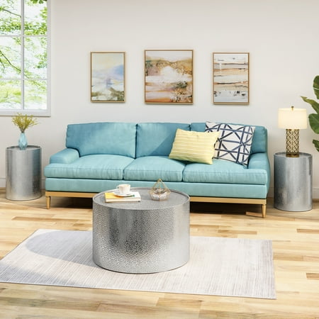 Noble House Alvaro Modern 3 Piece Iron Round Accent and Coffee Table Set, Silver