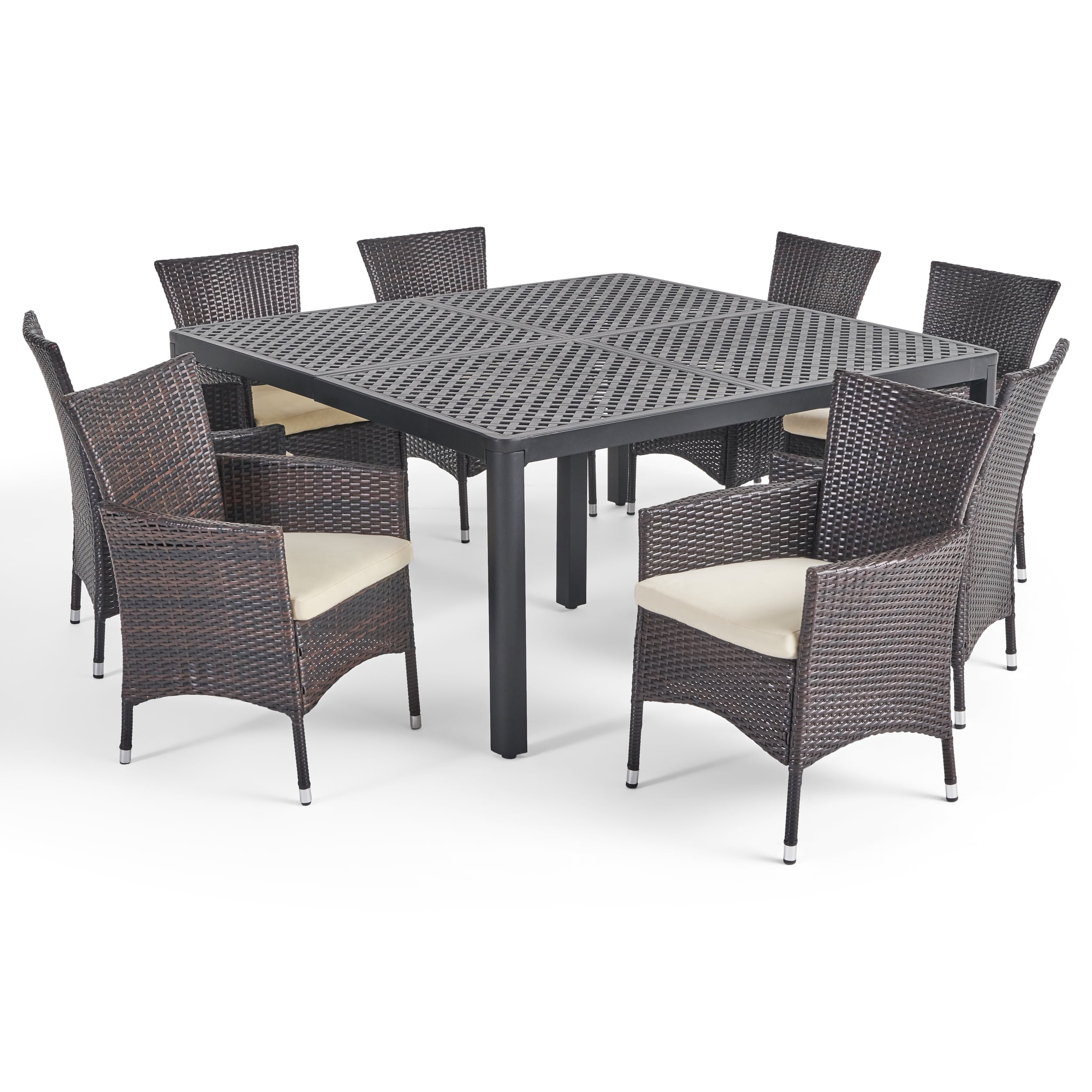 Christian Outdoor 8 Seater Aluminum and Wicker Dining Set, Matte Black, Multibrown