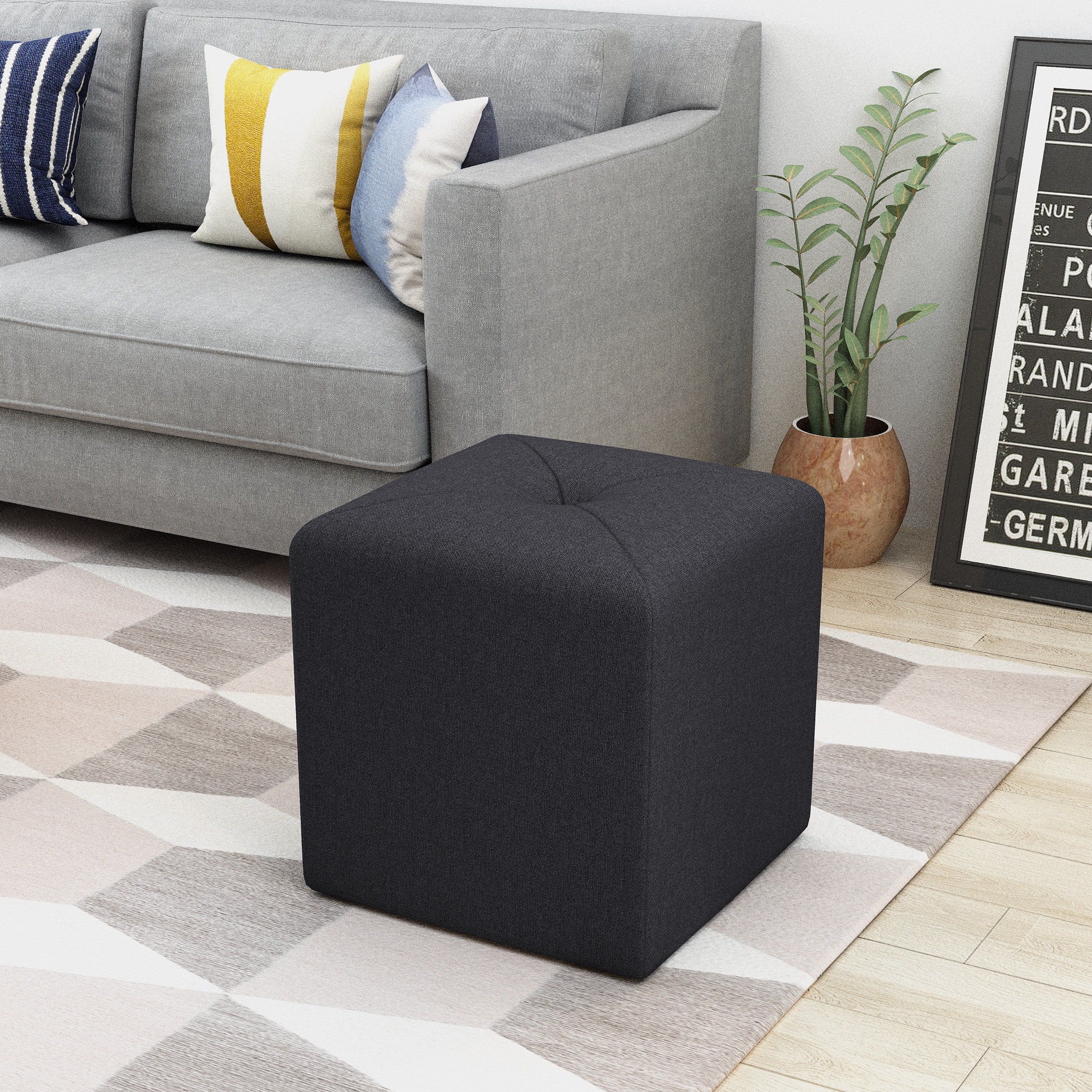 Noble House Brandon Fabric Square Ottoman,Dark Charcoal