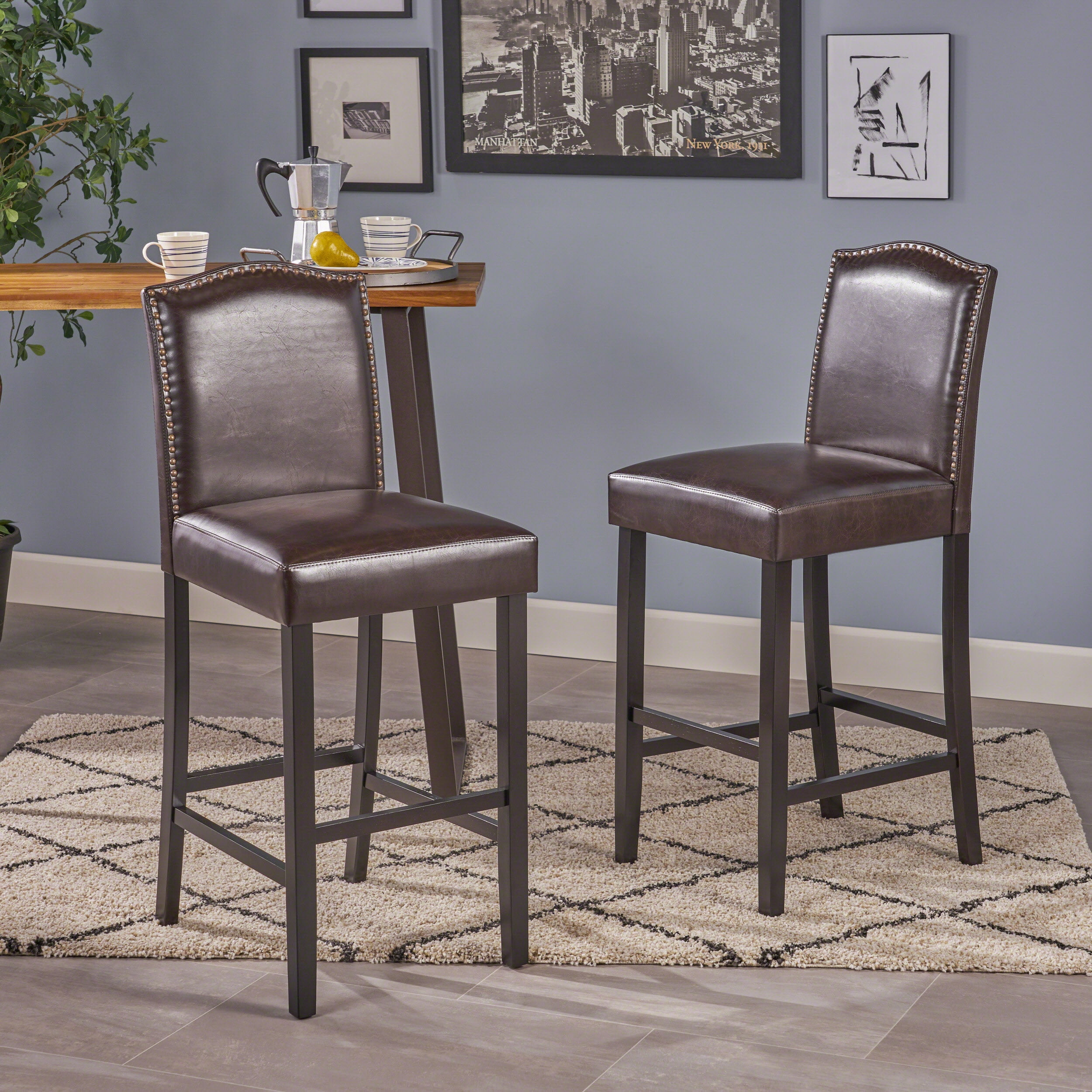Noble House Branson Indoor 30" Bonded Leather Bar Stool, Set of 2, Brown