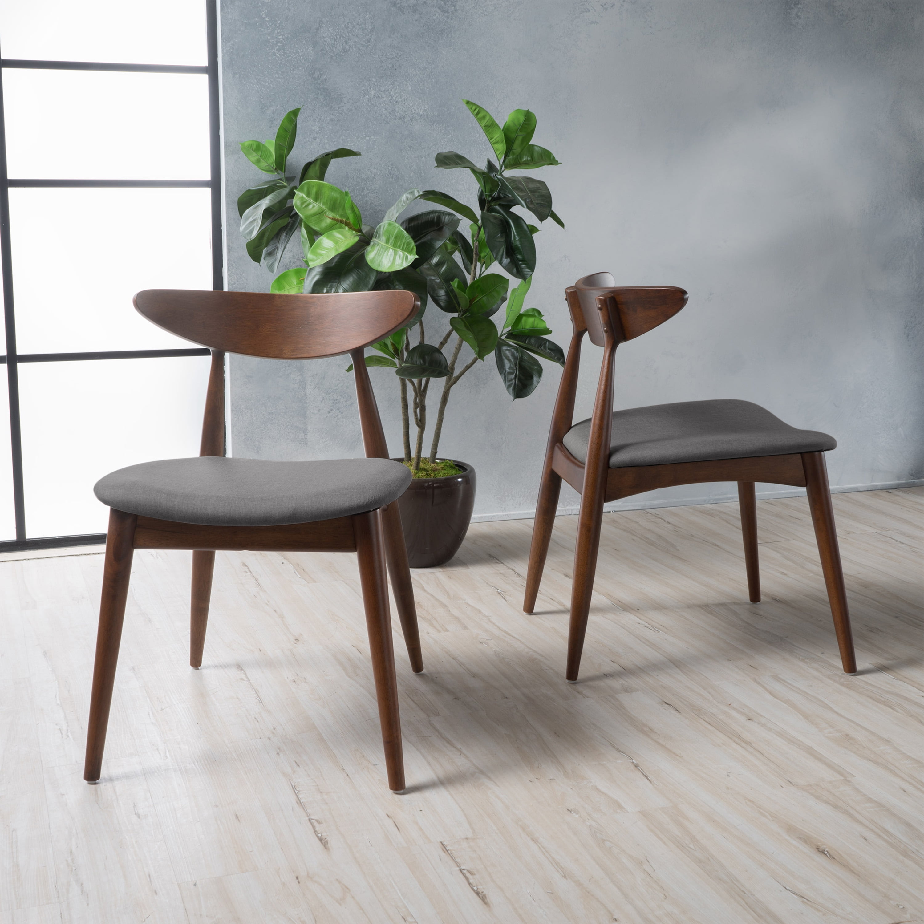 Noble House Branson Indoor Fabric Dining Chairs, Set of 2, Light Grey, Walnut