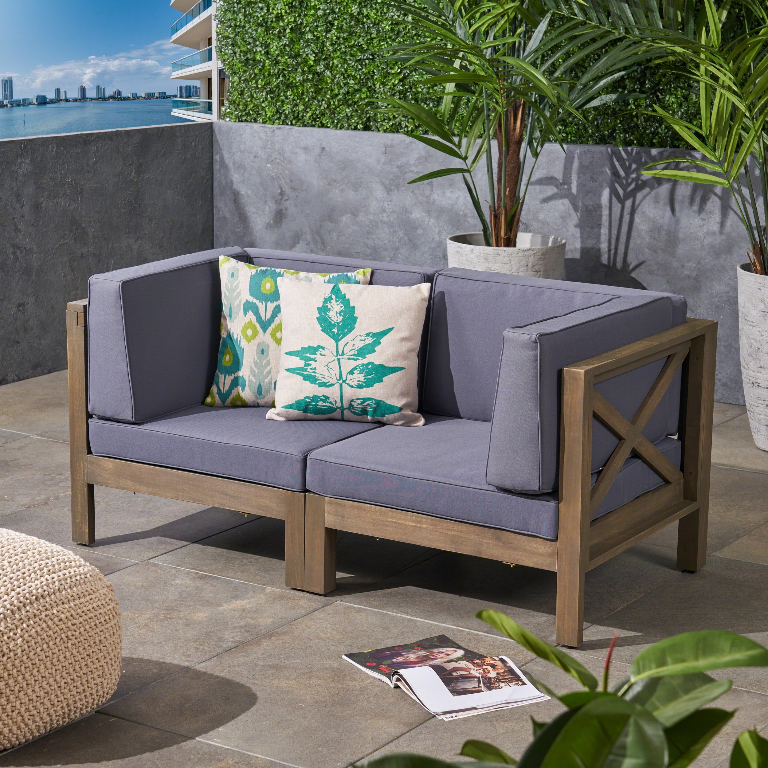 Luella Outdoor Modular Sectional Acacia Wood Loveseat with Cushions, Gray, Dark Gray