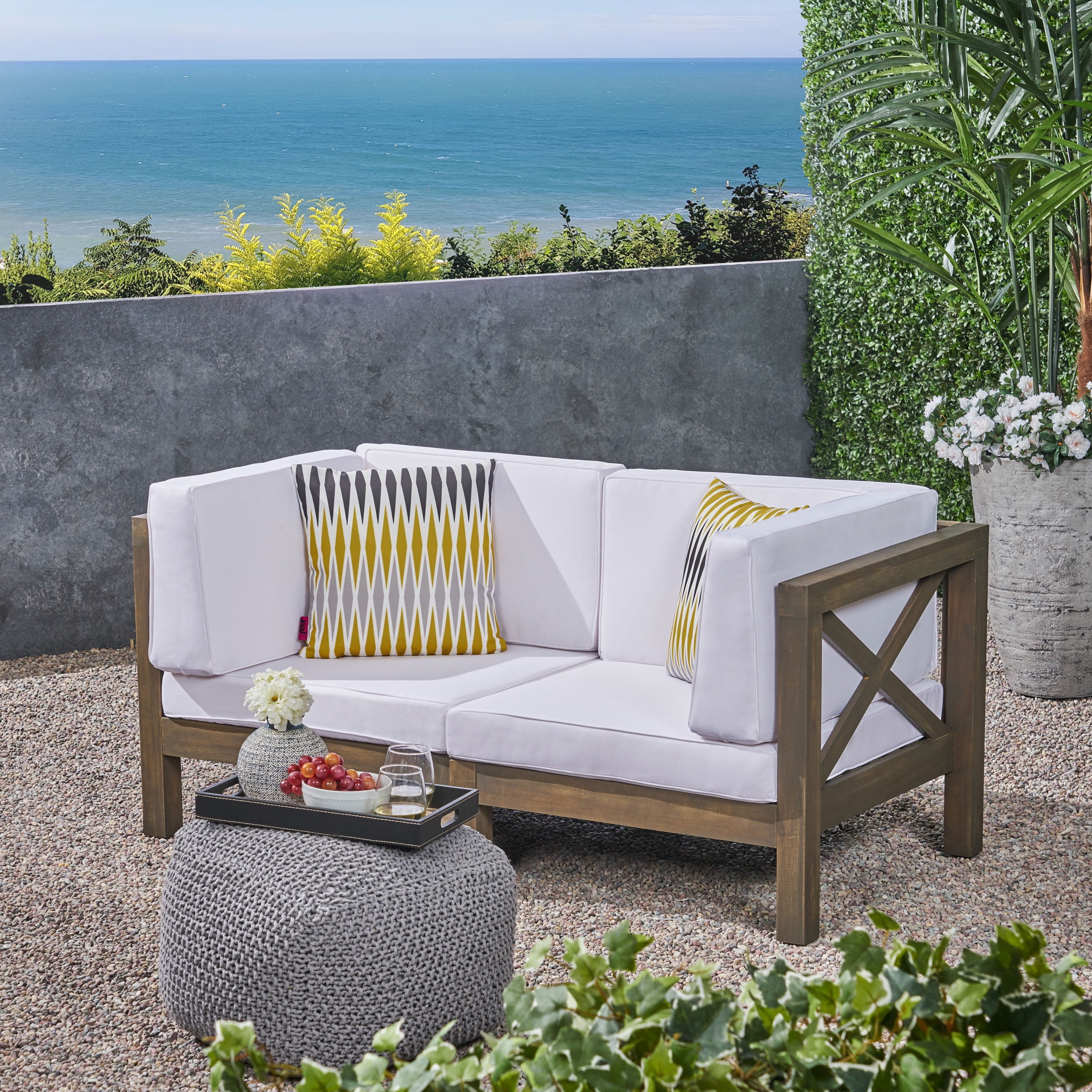 Luella Outdoor Modular Sectional Acacia Wood Loveseat with Cushions, Gray, White