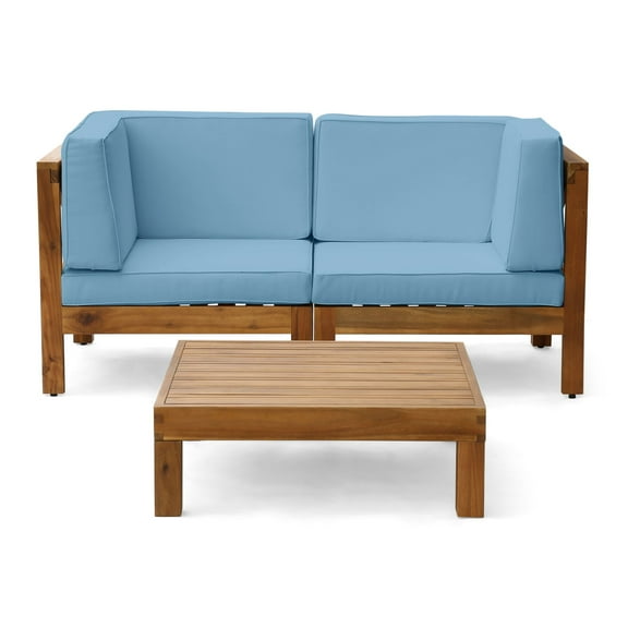 Noble House Brava 3-Piece Outdoor Acacia Wood Loveseat Set in Gray/Blue