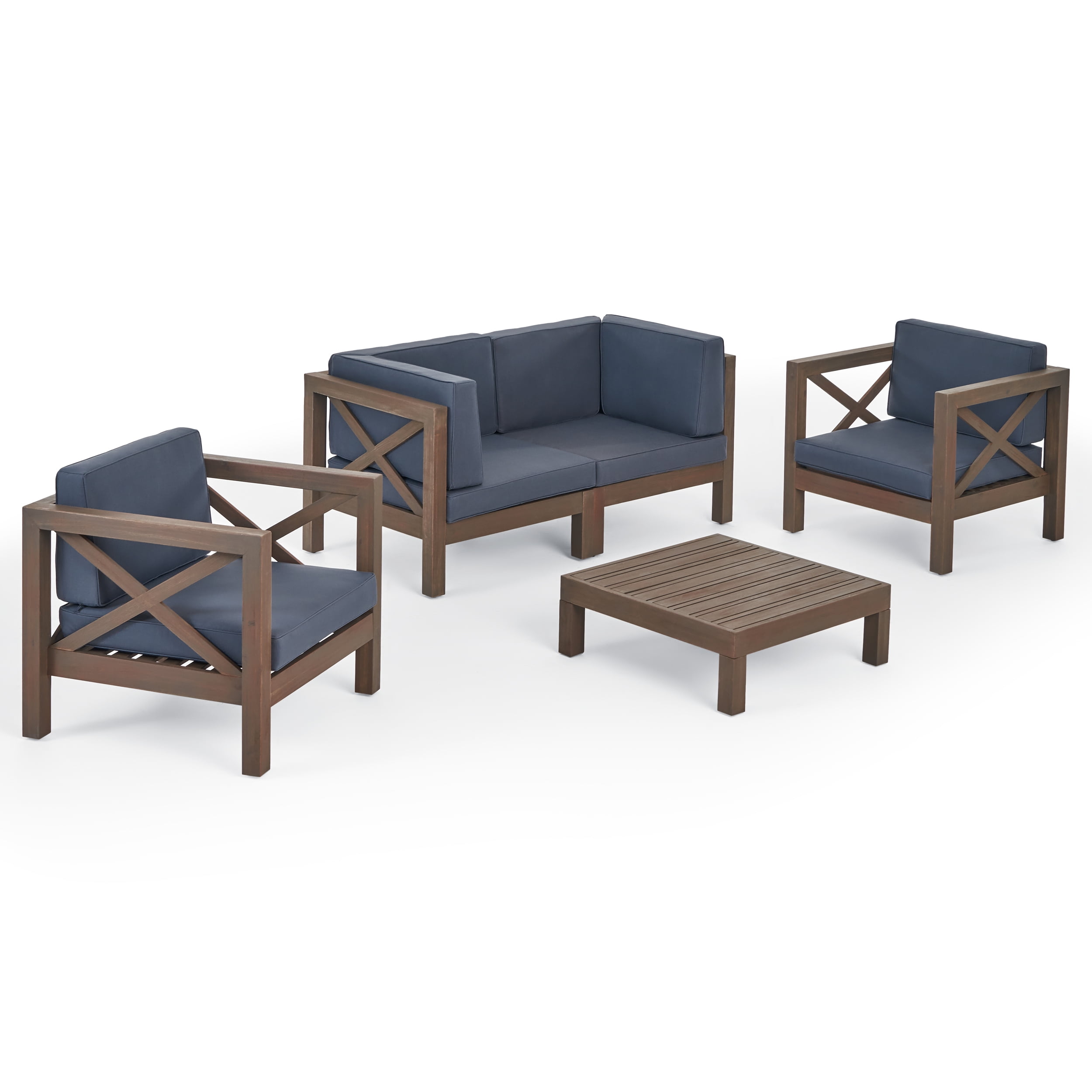 Elisha Outdoor 4 Seater Acacia Wood Loveseat Chat Set, Gray and Dark Gray
