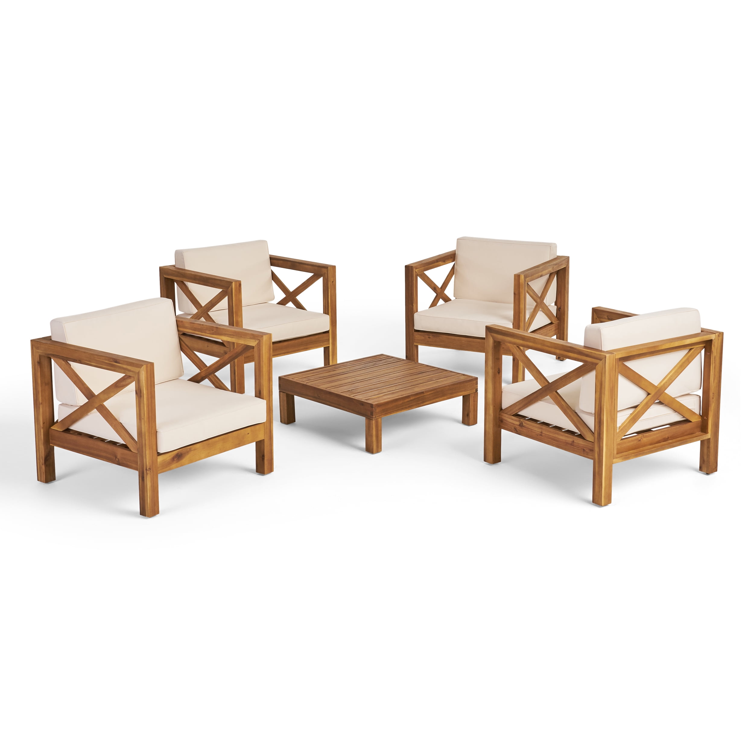 Elisha Outdoor 4 Seater Acacia Wood Club Chair and Coffee Table Set, Teak and Beige