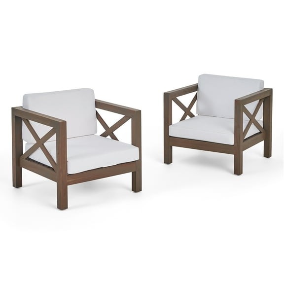 Noble House Brava Outdoor Acacia Wood Club Chair in Gray and White (Set of 2)