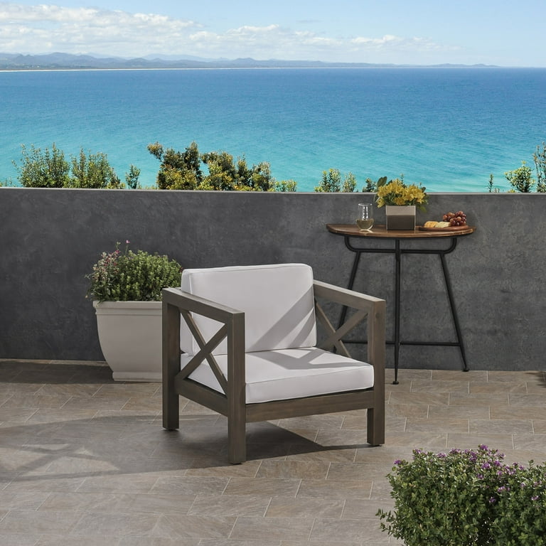 Noble House Brava Outdoor Acacia Wood Club Chair in Gray and White