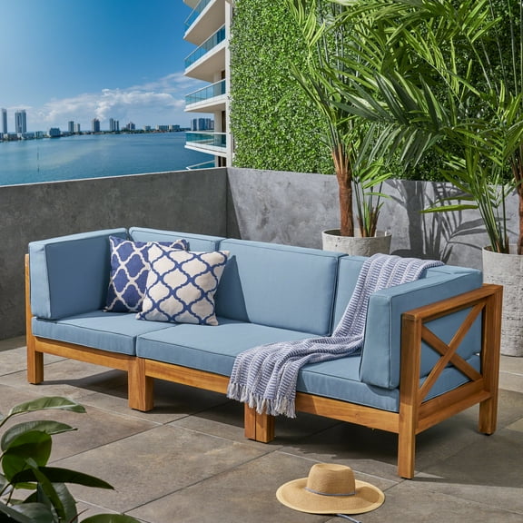 Noble House Brava Outdoor Modular Acacia Wood Sofa with Cushions Teak and Blue