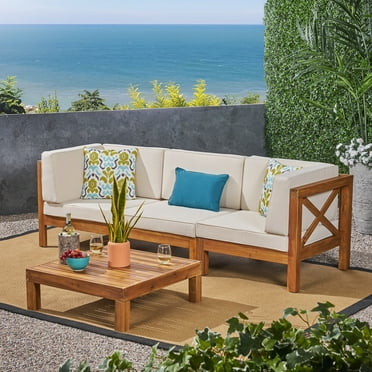 Noble House Brava Outdoor Modular Sofa and Coffee Table Set Cushions Teak/Beige