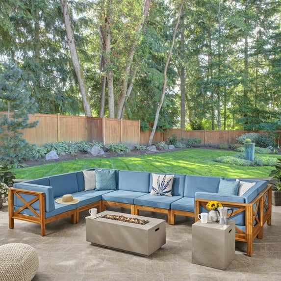 Noble House Brava Wood 8 Seater U-Shaped Sectional Sofa Set Teak Blue/Light Gray