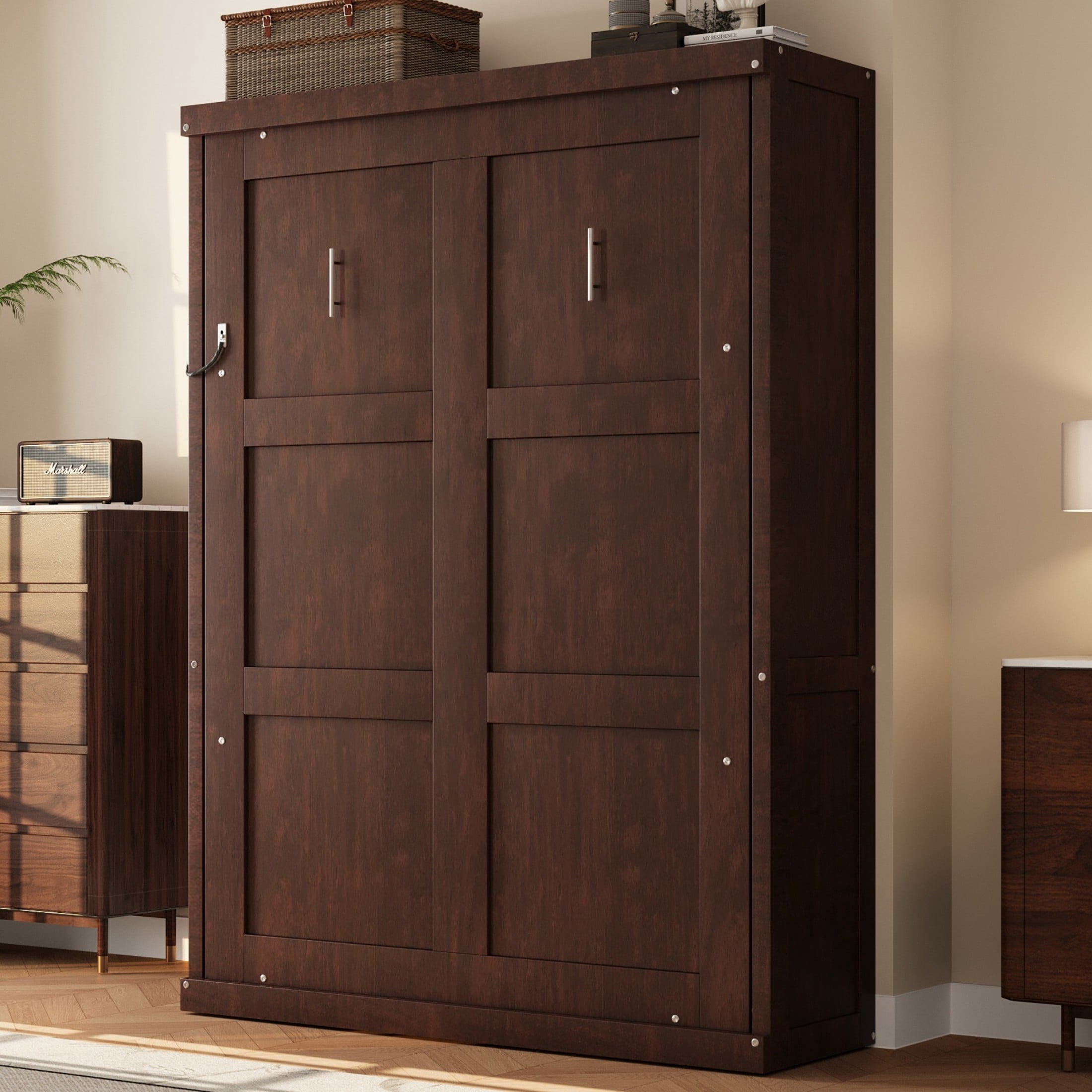 Noble House Bravella Twin Size Murphy Bed, Foldable Hidden Wall Bed Cabinet with Slat Support, Space Saving, Espresso