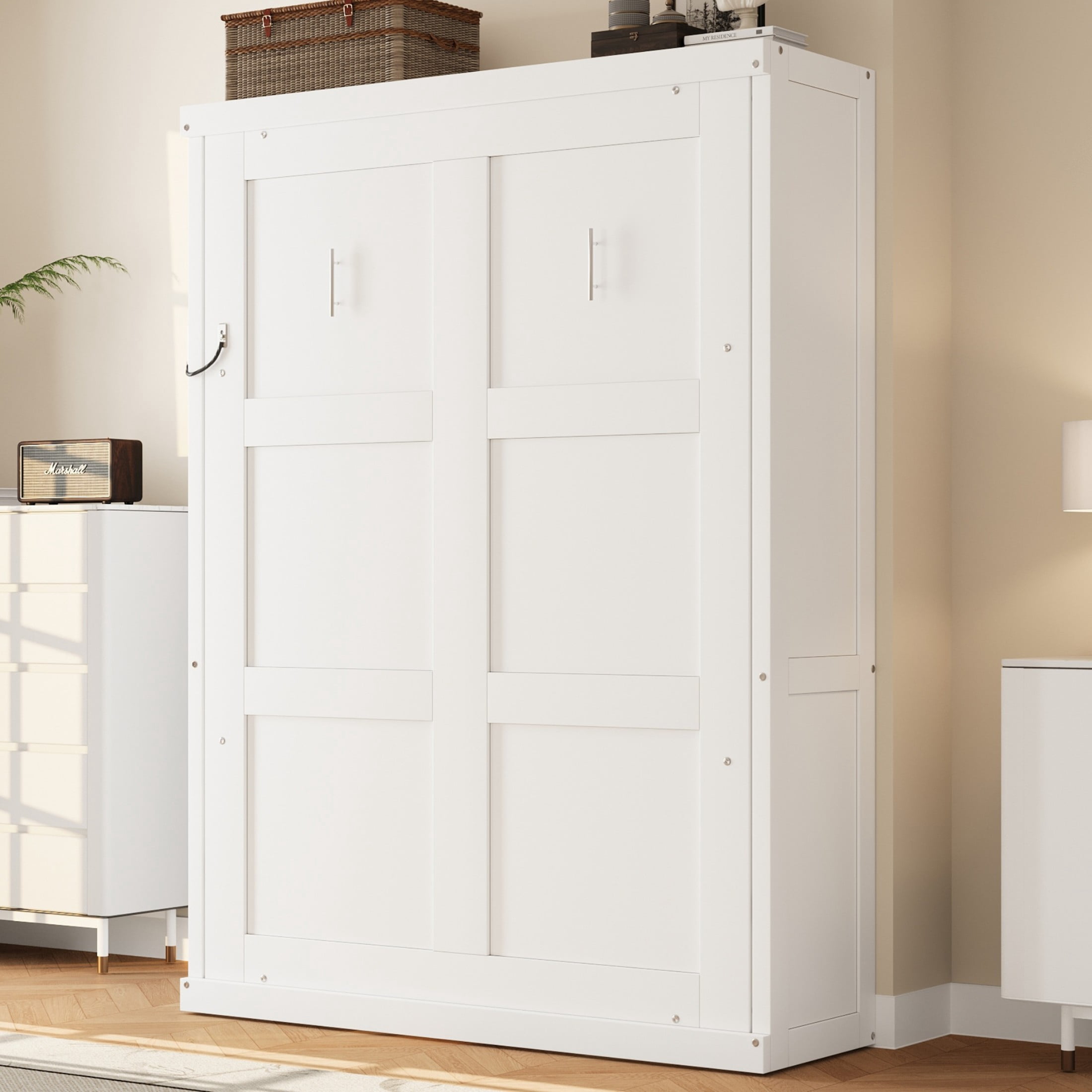 Noble House Bravella Twin Size Murphy Bed, Foldable Hidden Wall Bed Cabinet with Slat Support, Space Saving, White
