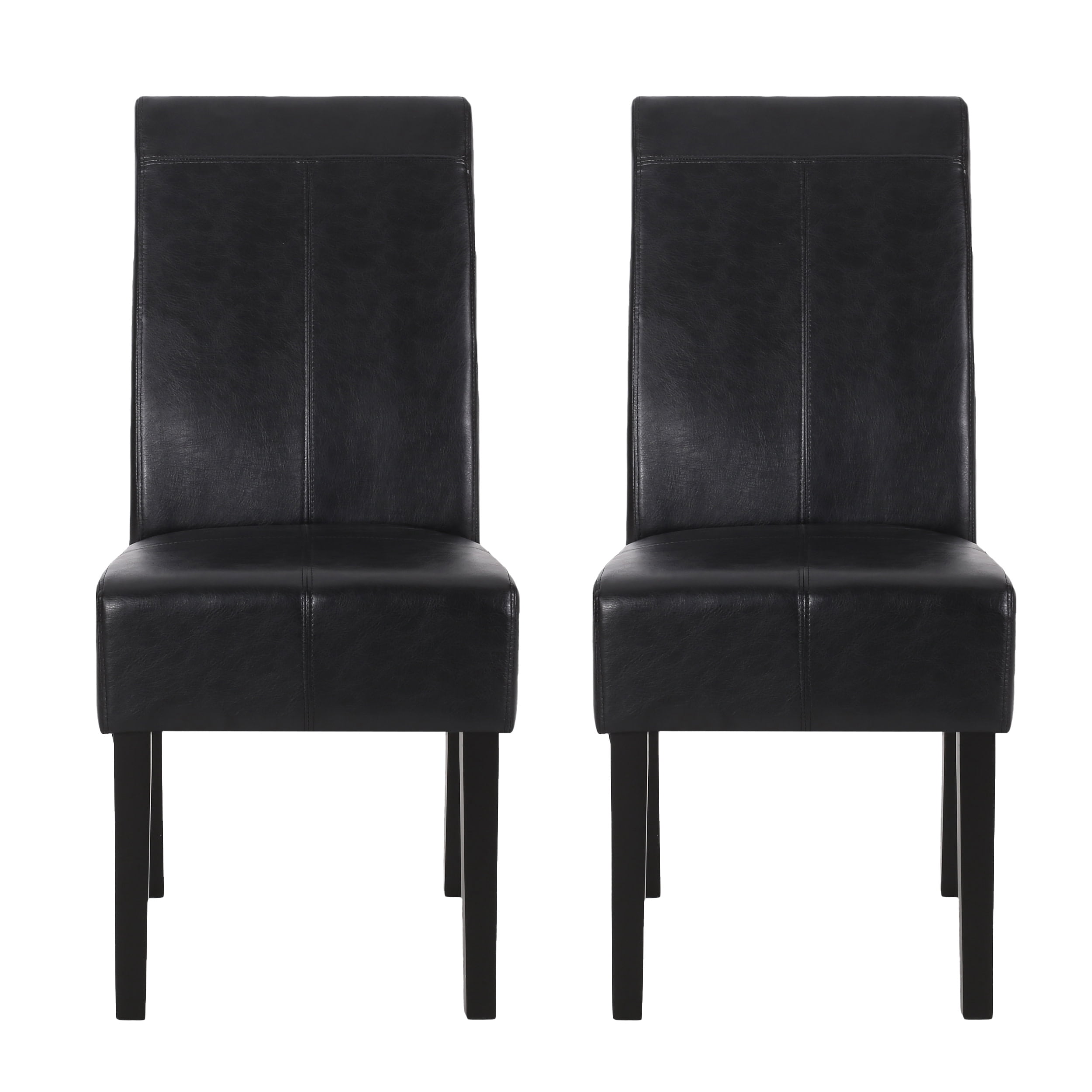 Noble House Braydon Faux Leather Upholstered T-Stitch Dining Chairs, Set of 2, Midnight Black and Espresso