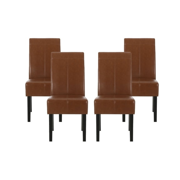 Noble House Braydon Faux Leather Upholstered T-Stitch Dining Chairs, Set of 4, Cognac Brown and Espresso
