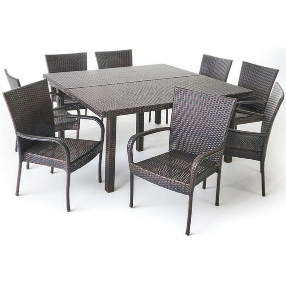 Noble House Brett Outdoor 9 Piece Stacking Wicker Square Dining Set, Multibrown