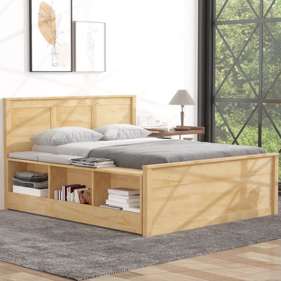 Noble House Brevon Full Size Extendable Platform Bed with Built-in Storage Cabinet, Pine Wood Frame, Natural