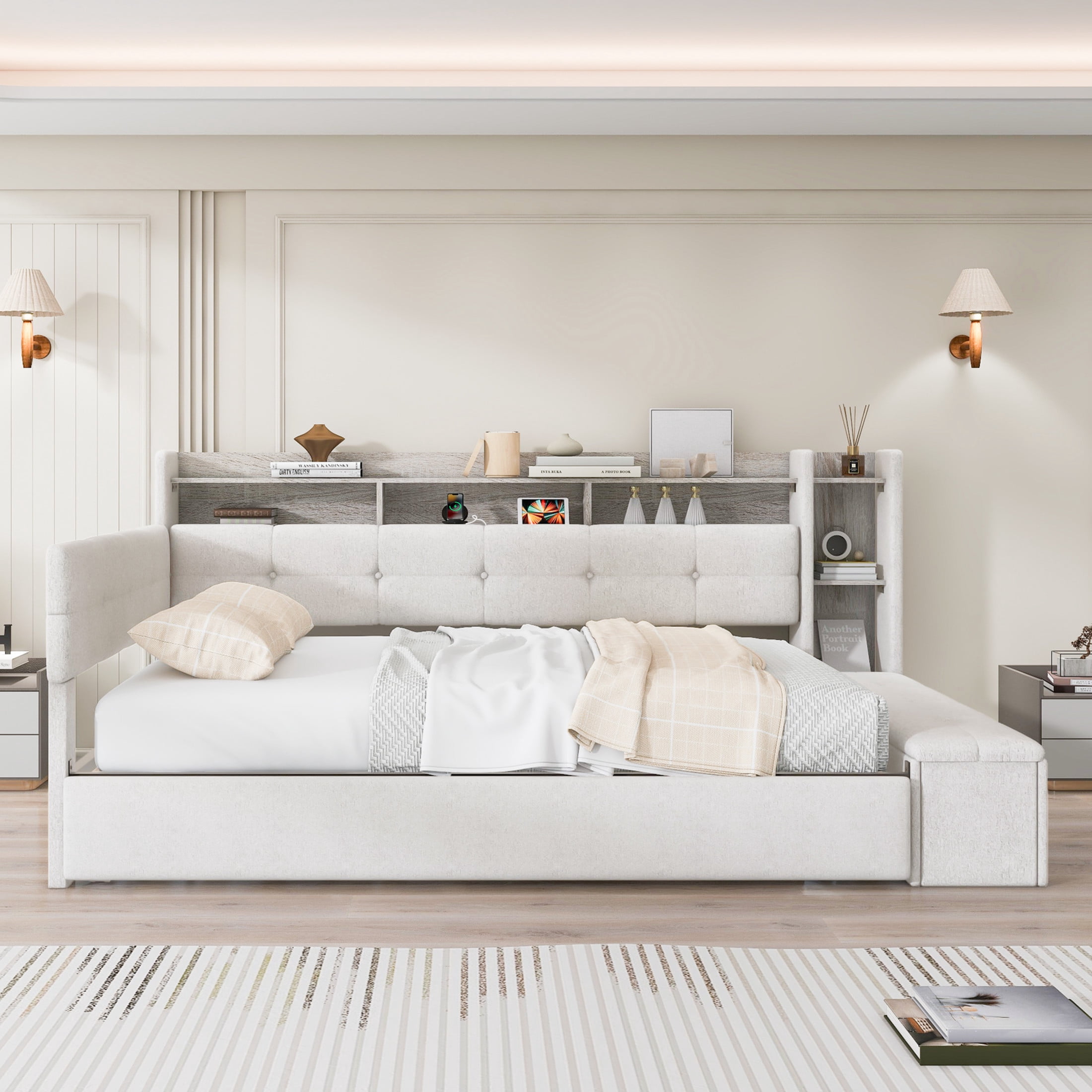 Noble House Brevon Full Size Upholstered Daybed with Trundle, Built-in USB Charging Station and LED Light, Beige