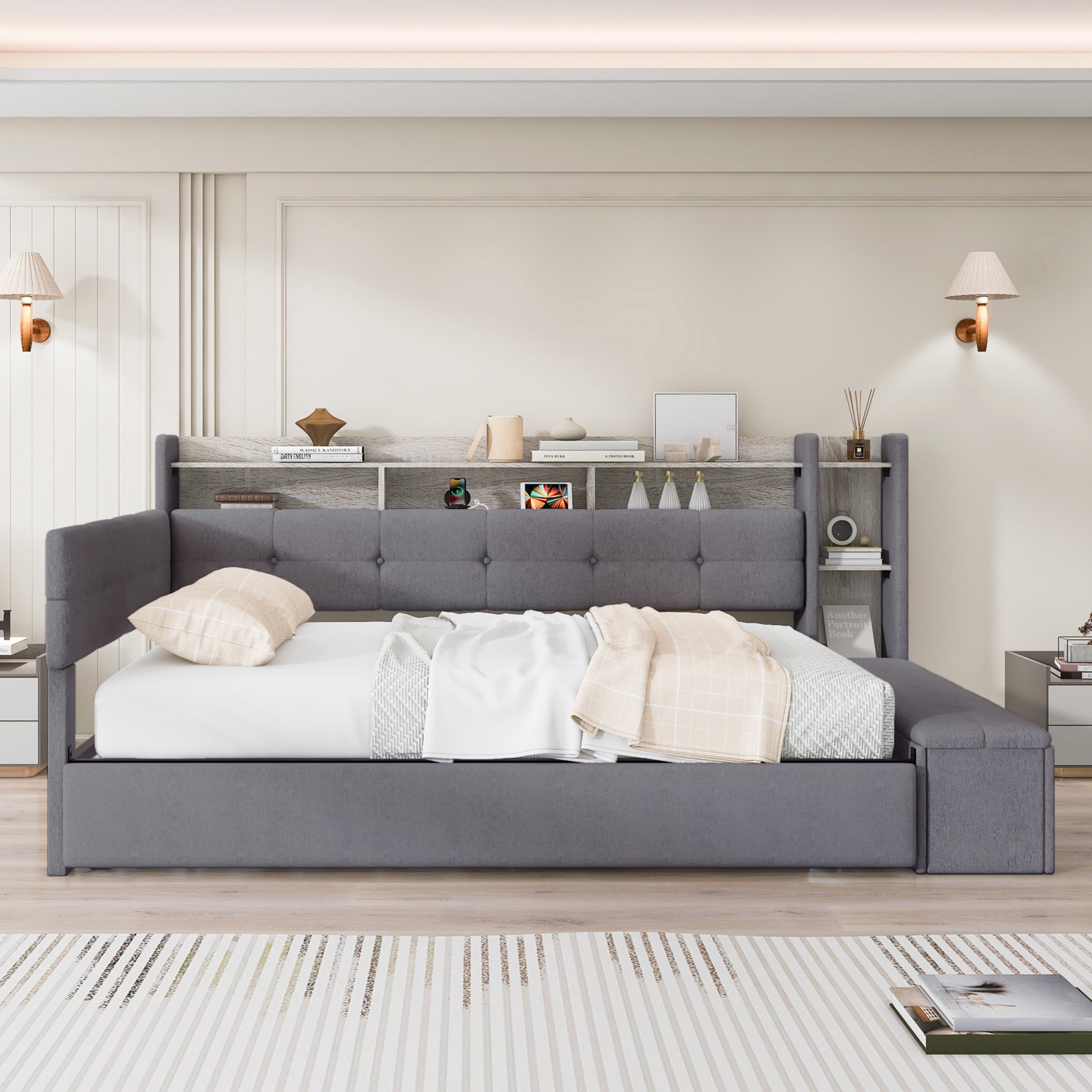 Noble House Brevon Full Size Upholstered Daybed with Trundle, Built-in USB Charging Station and LED Light, Grey