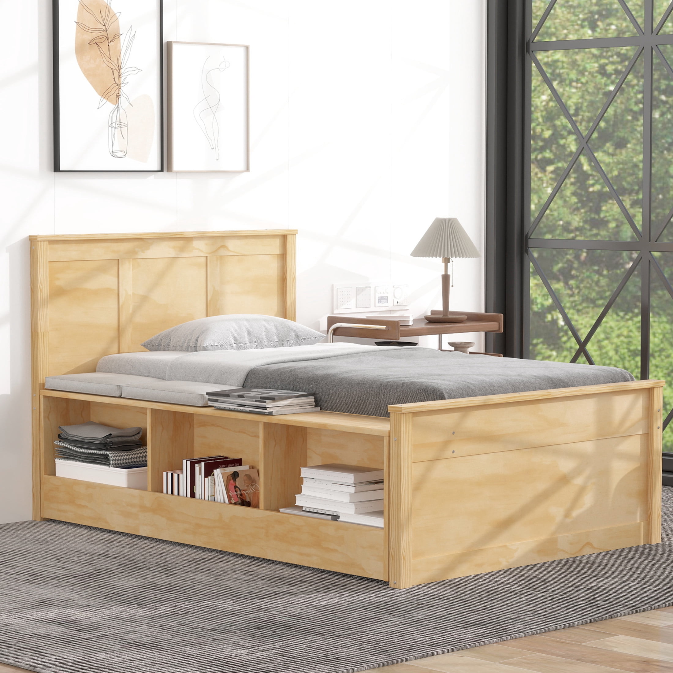 Noble House Brevon Twin Size Extendable Platform Bed with Built-in Storage Cabinet, Pine Wood Frame, Natural