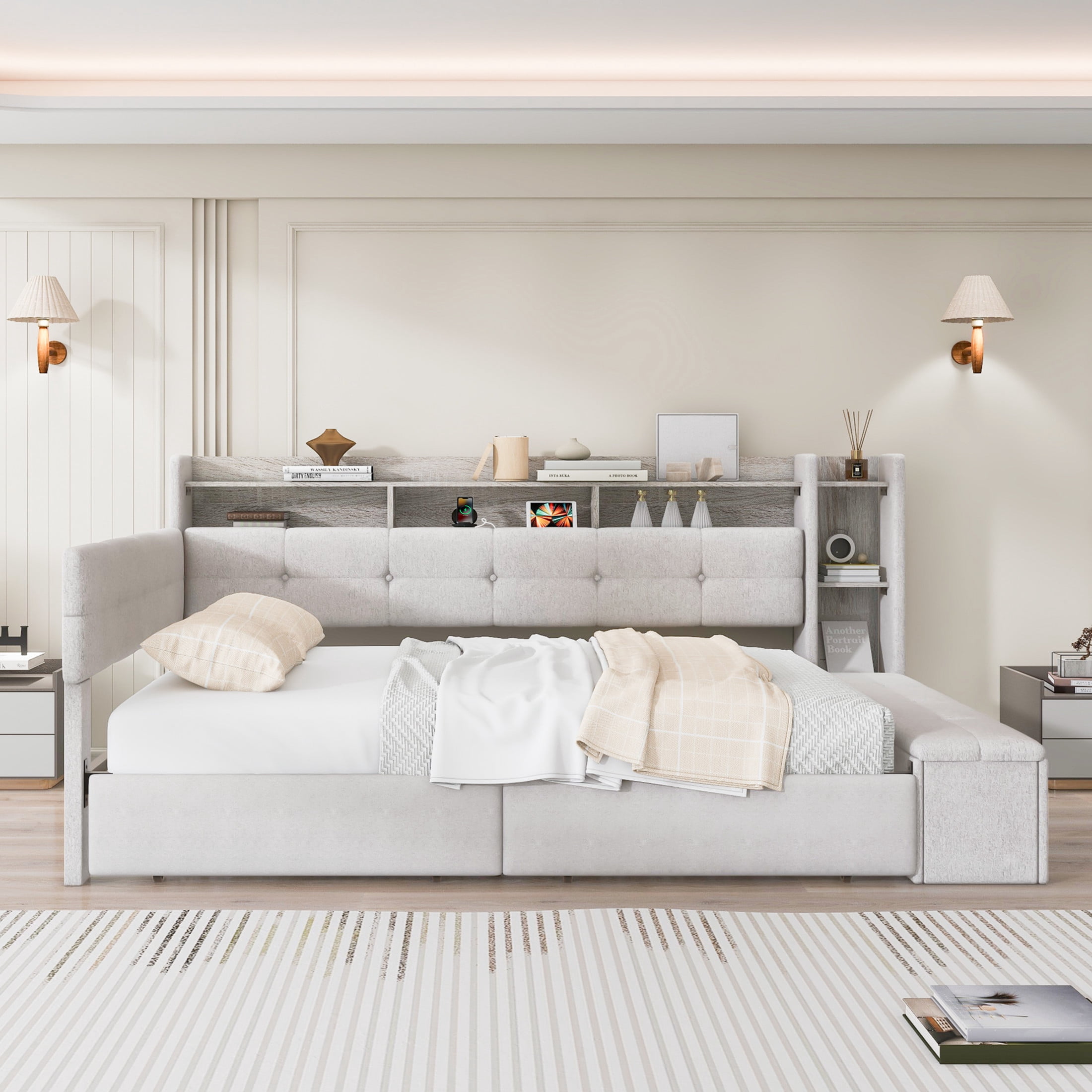 Noble House Brevon Twin Size Upholstered Daybed with Extra Drawers, Storage Footstool, USB Port and LED Light, Beige