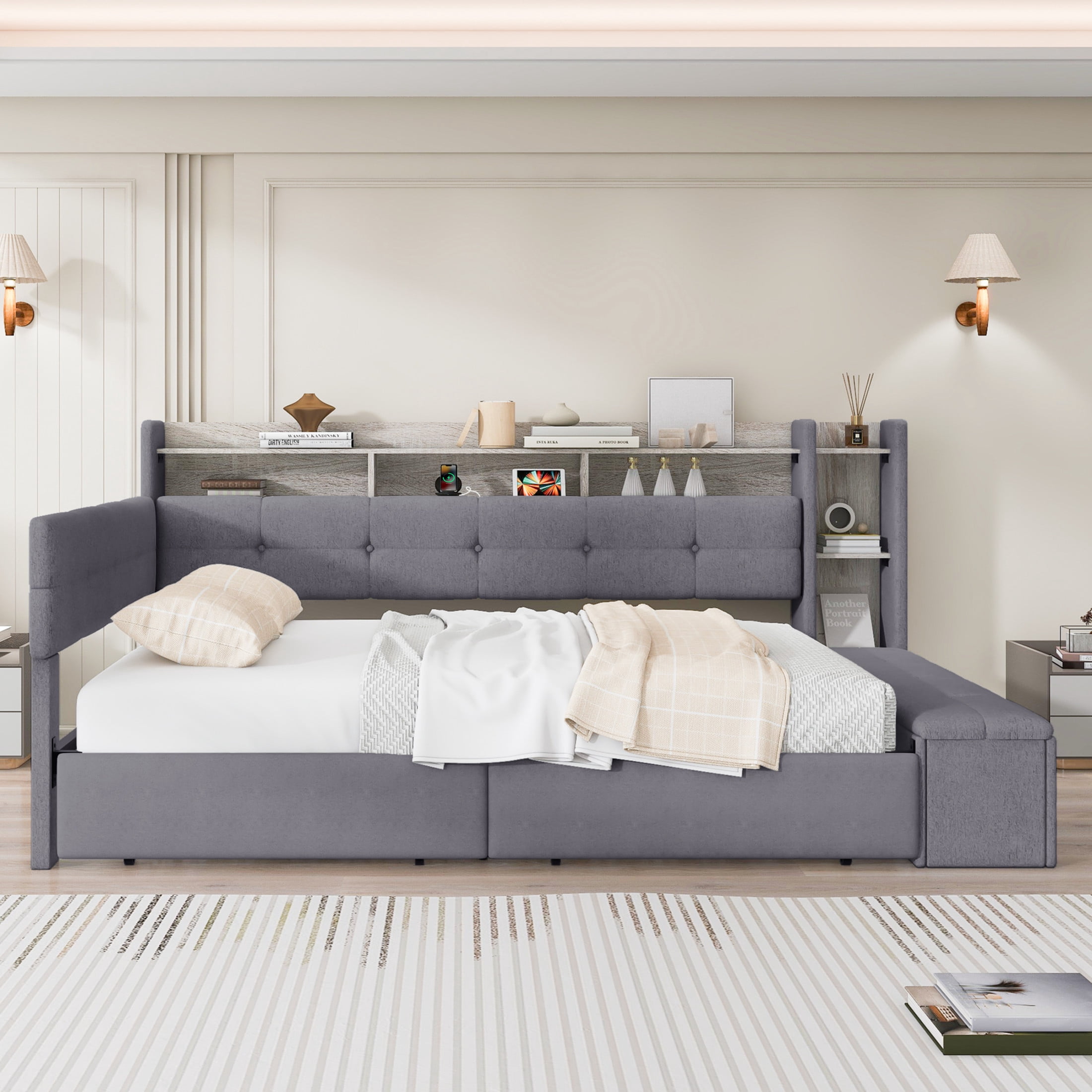 Noble House Brevon Twin Size Upholstered Daybed with Extra Drawers, Storage Footstool, USB Port and LED Light, Grey