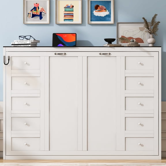 Noble House Briana Full Size Foldable Murphy Bed Frame with Desk and Adjustable LED Light, Hidden Wall Cabinet, White