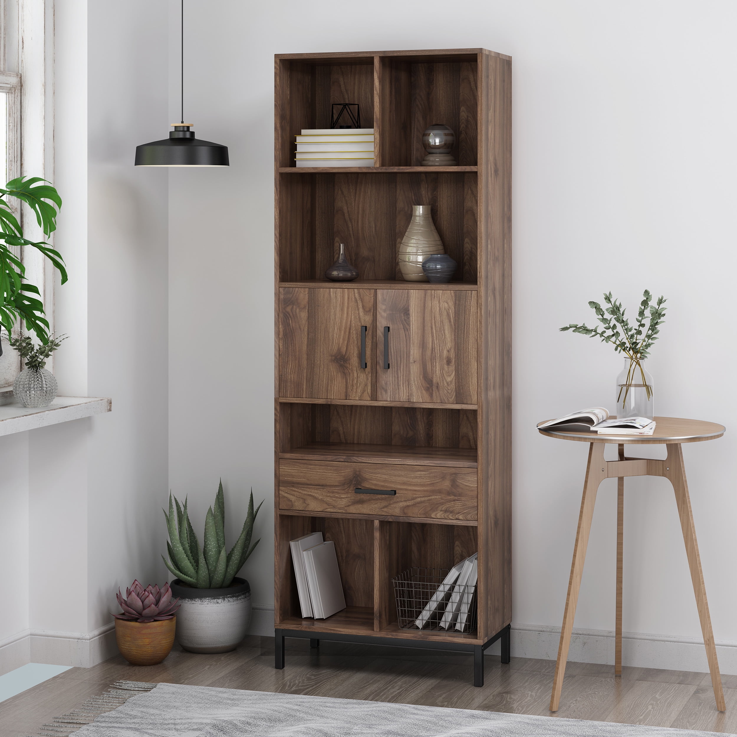 Contemporary Black Faux Wood Cube Unit Bookcase with Iron Legs