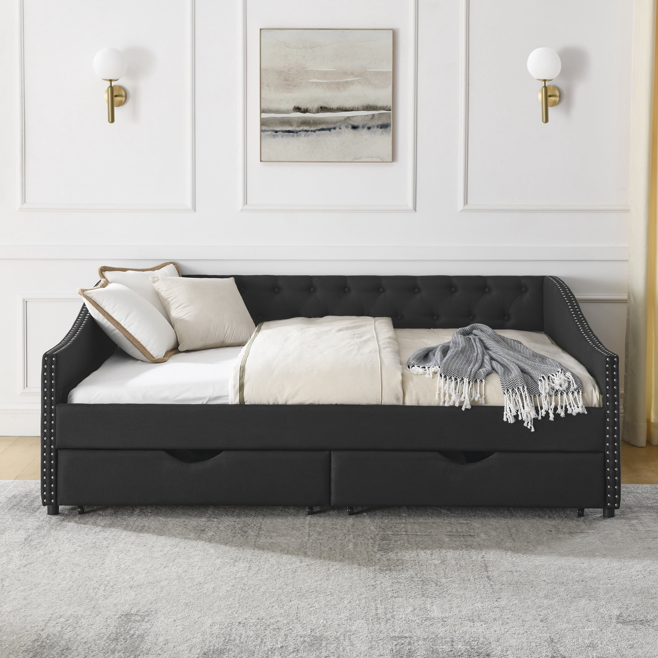 Noble House Brixo Full Size Daybed with Drawers, Linen Upholstered Tufted Sofa Bed with Nailhead Waved Arms, Black