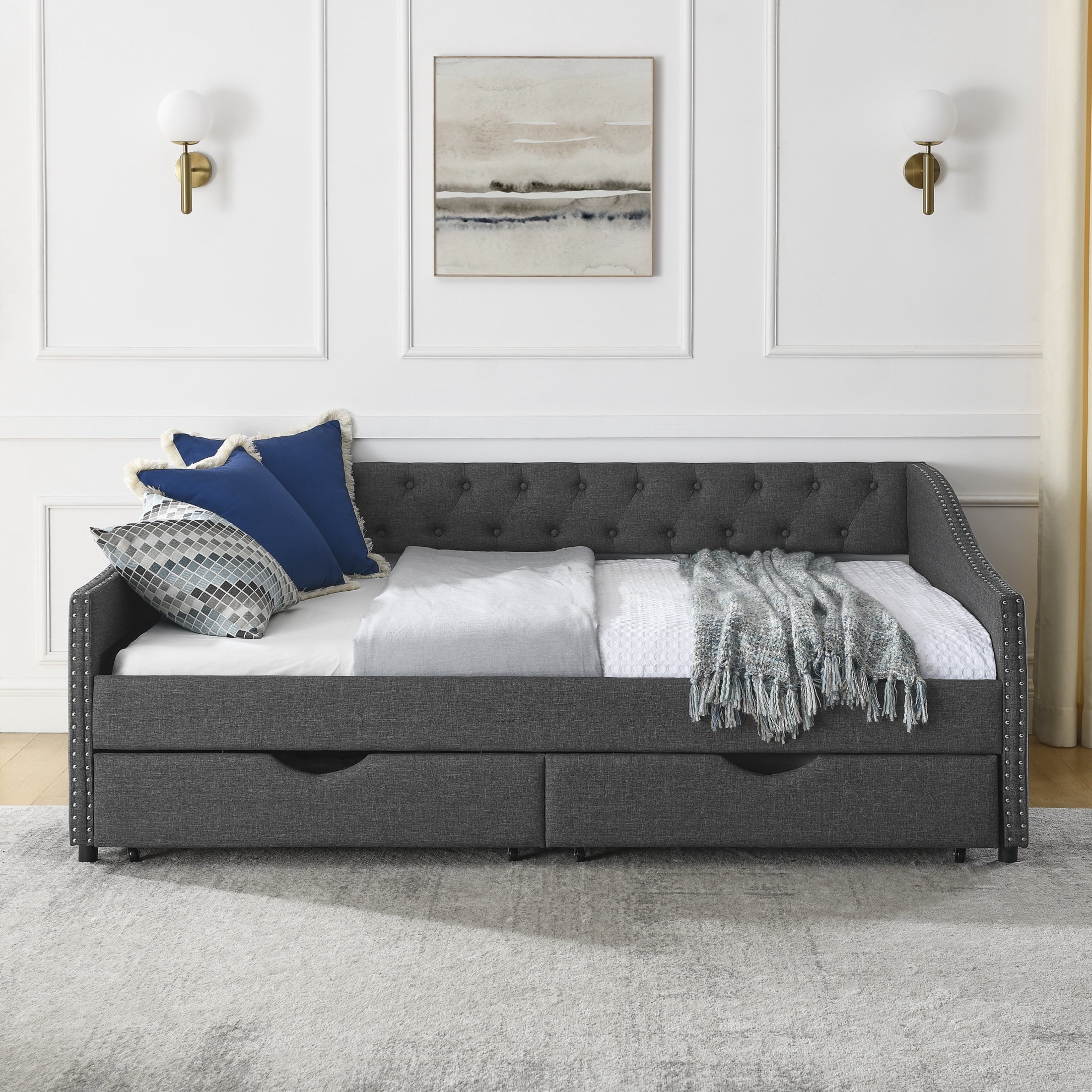 Noble House Brixo Full Size Daybed with Drawers, Linen Upholstered Tufted Sofa Bed with Nailhead Waved Arms, Dark Gray