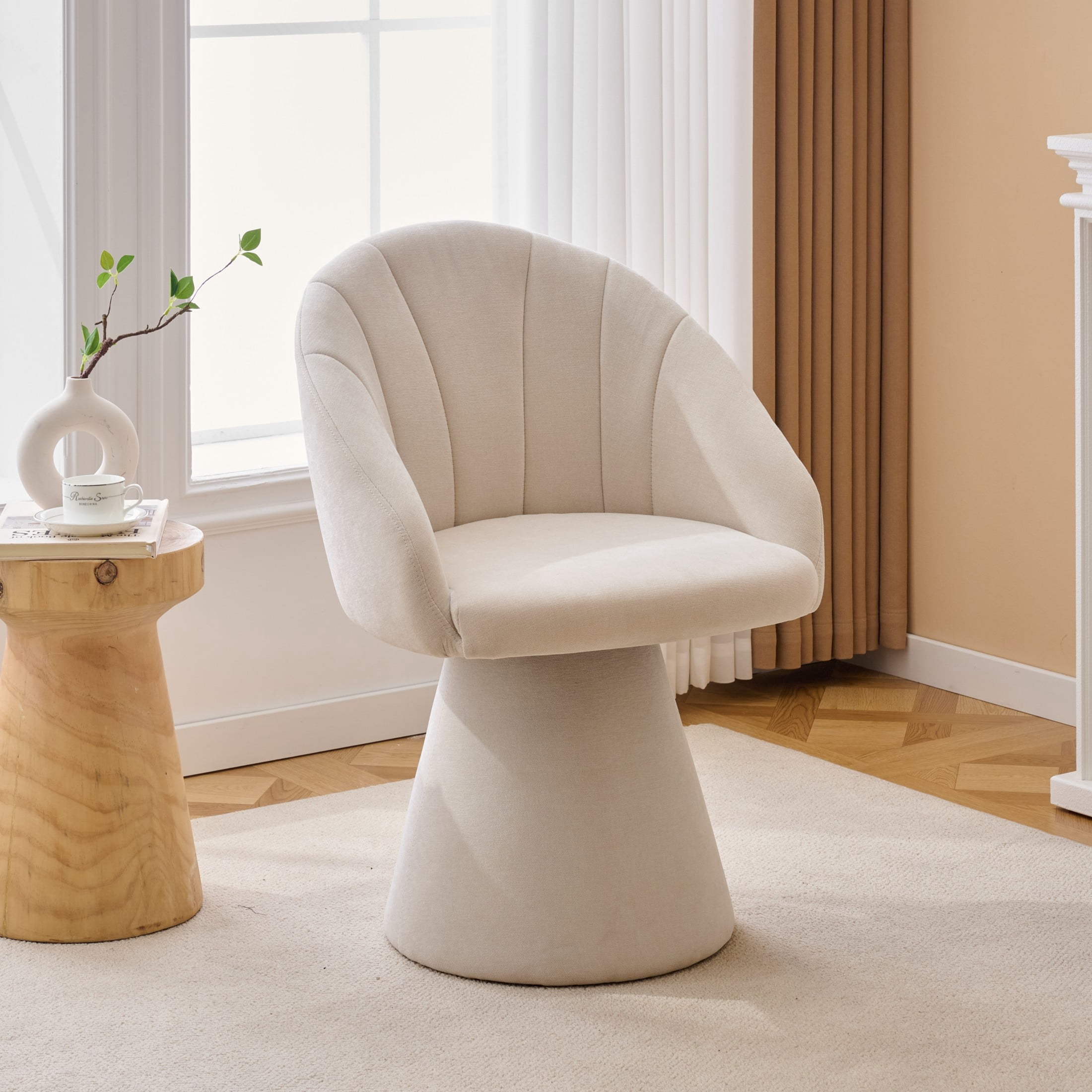 Noble House Brixo Upholstered Chenille Vanity Chair, Comfy 360° Swivel Computer Desk Chair for Home Office, Beige