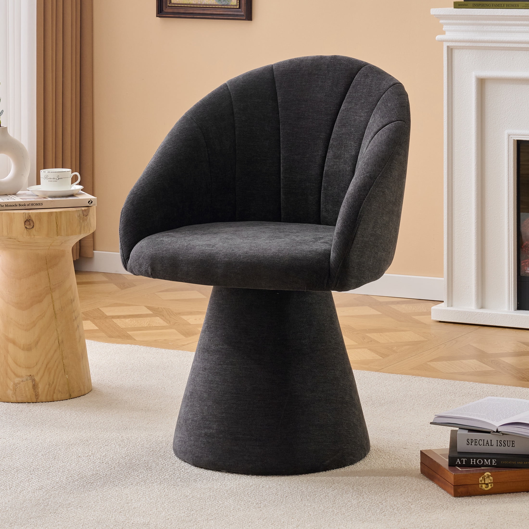 Noble House Brixo Upholstered Chenille Vanity Chair, Comfy 360° Swivel Computer Desk Chair for Home Office, Gray