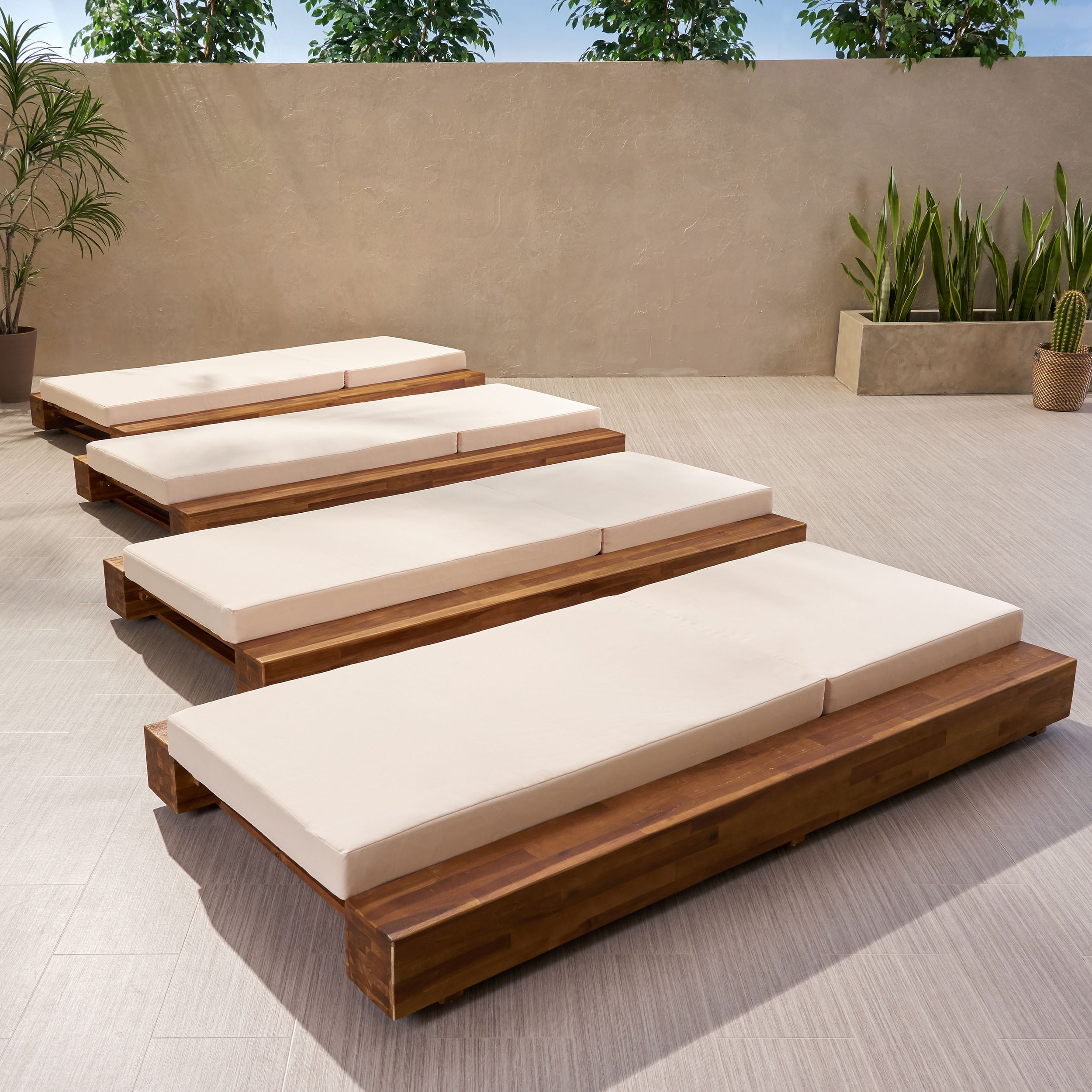 Noble House Broadway Outdoor Chaise Lounge and Cushion Teak/Cream (Set of 4)