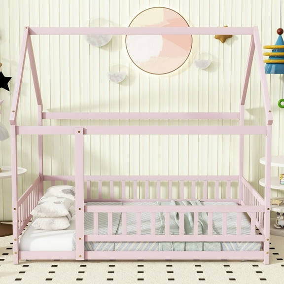 Noble House Brooke Full Size House Floor Bed for Kids, Rubber Wood Frame with Roof and Fence Guardrails, Pink