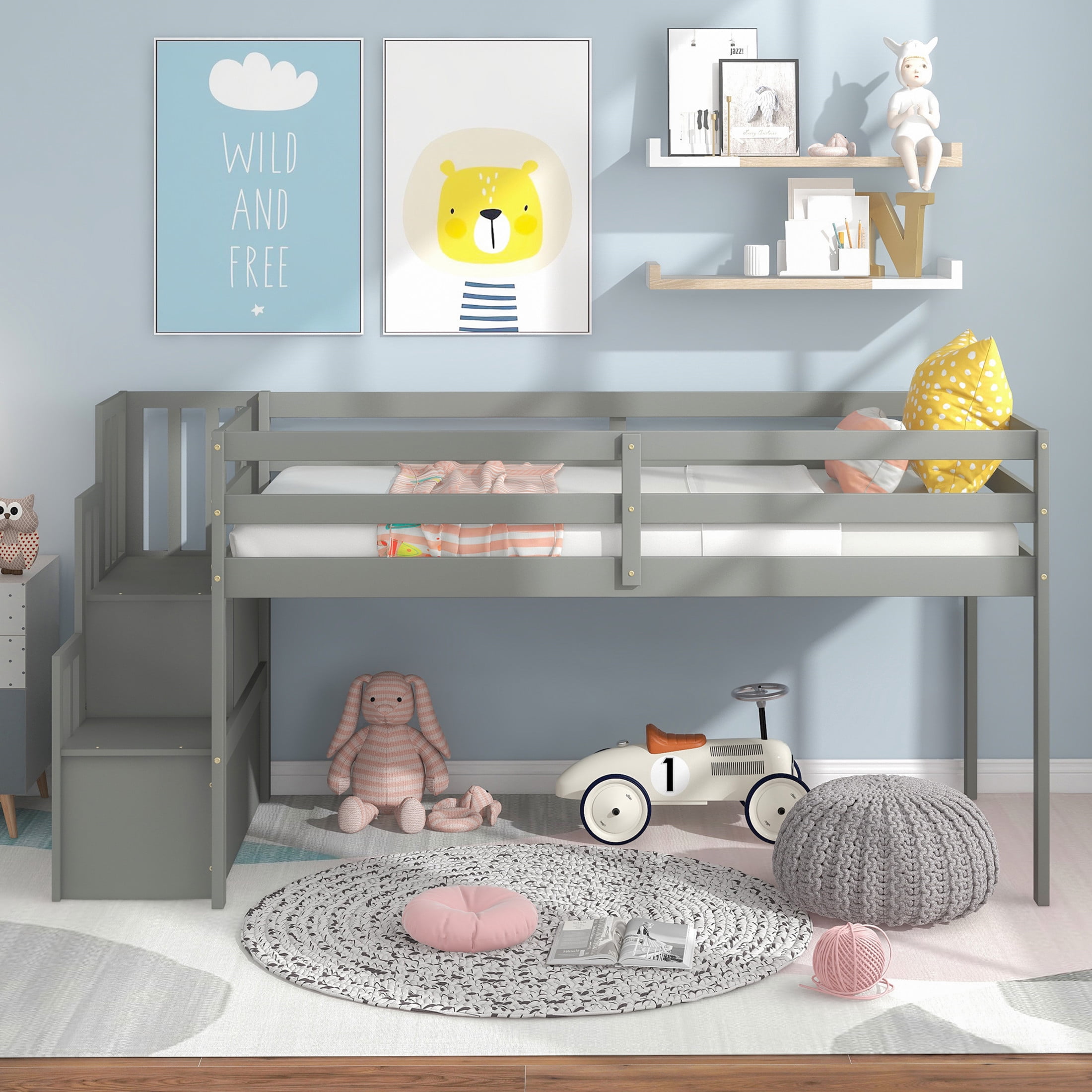 Noble House Brooke Twin Loft Bed, Pine Wood Frame with Staircase Storage, Space-Saving Play Area, Grey