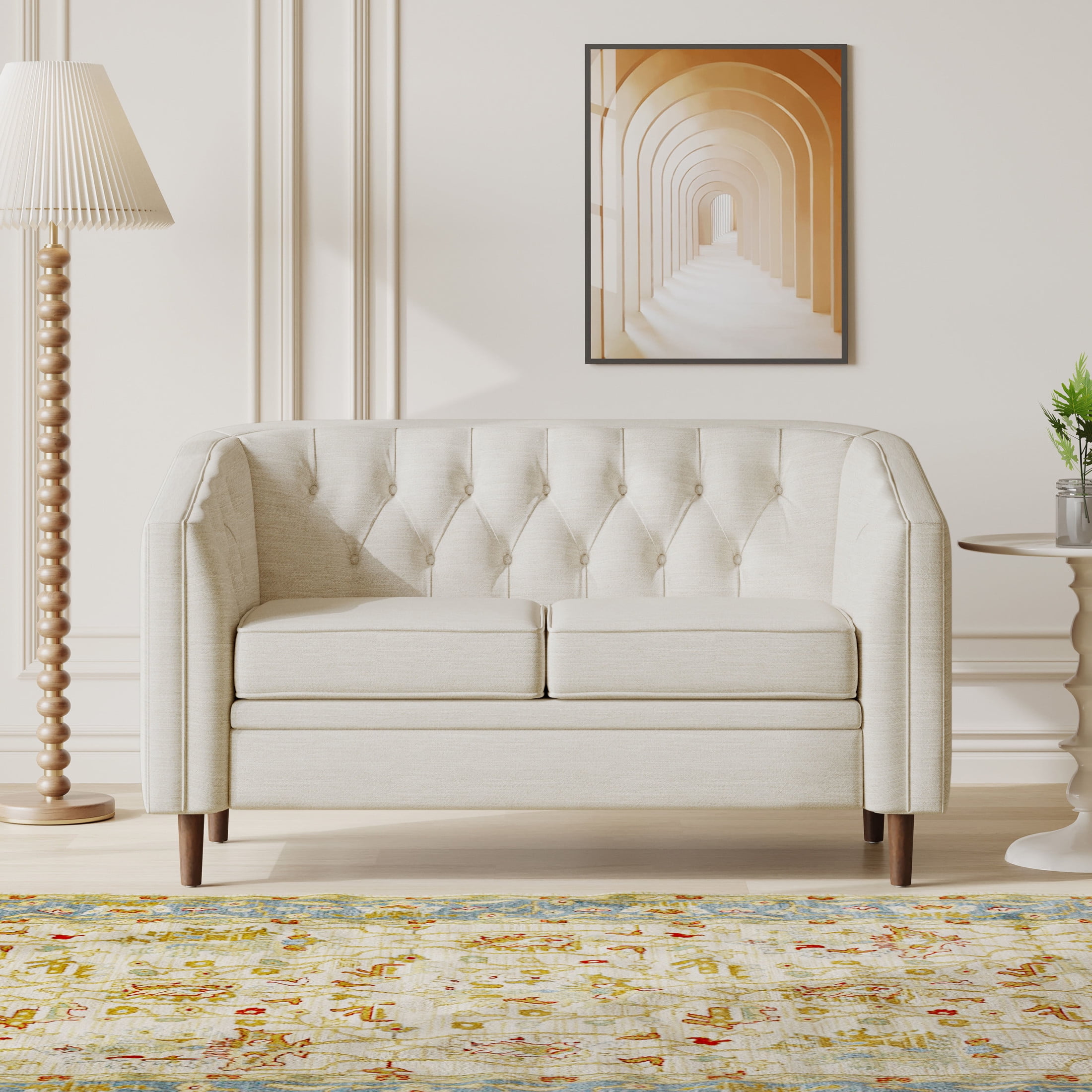 Noble House Contemporary Beige & Espresso Tufted Loveseat with Birch Wood Frame
