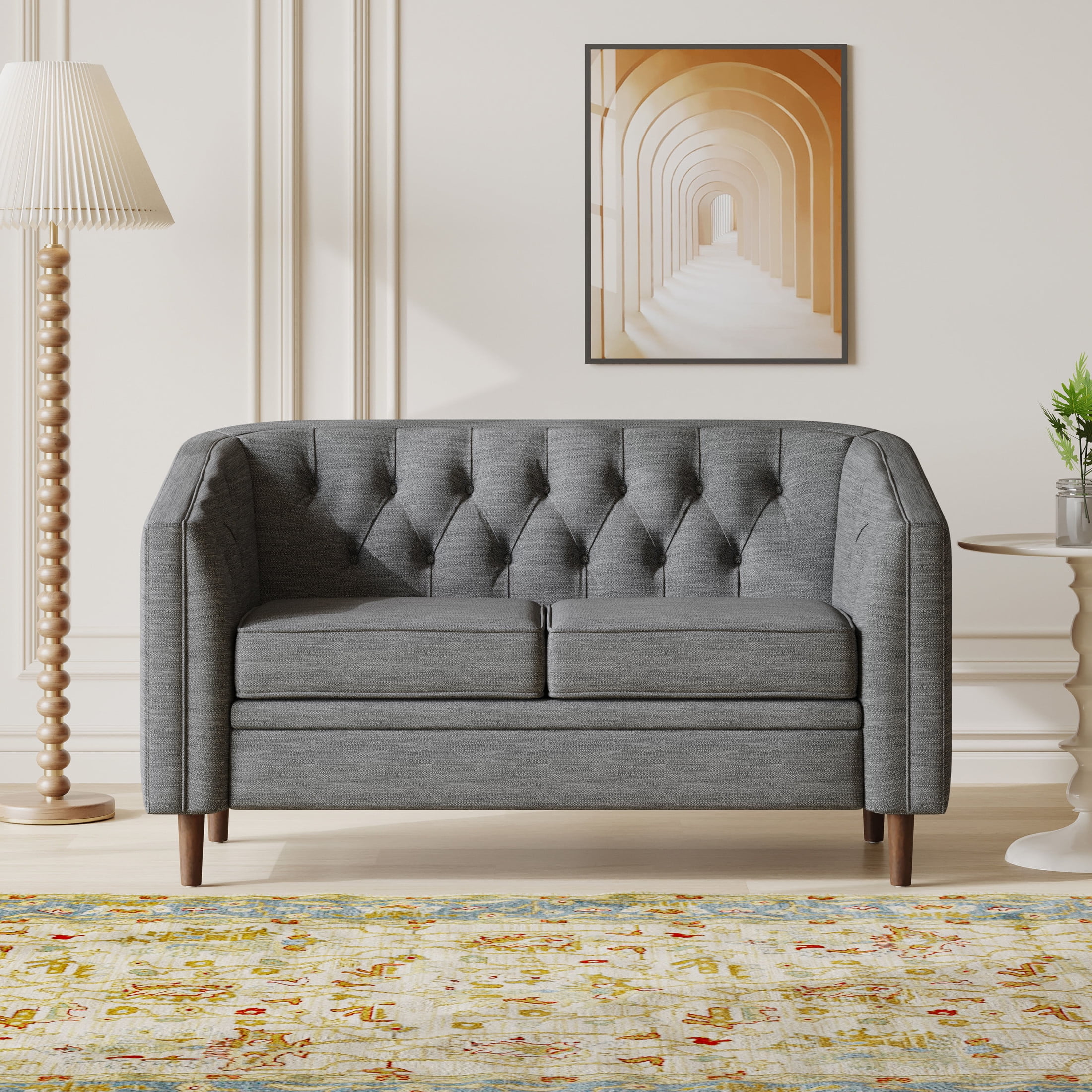 Noble House Brookover Fabric Tufted Loveseat in Charcoal With Espresso Finish
