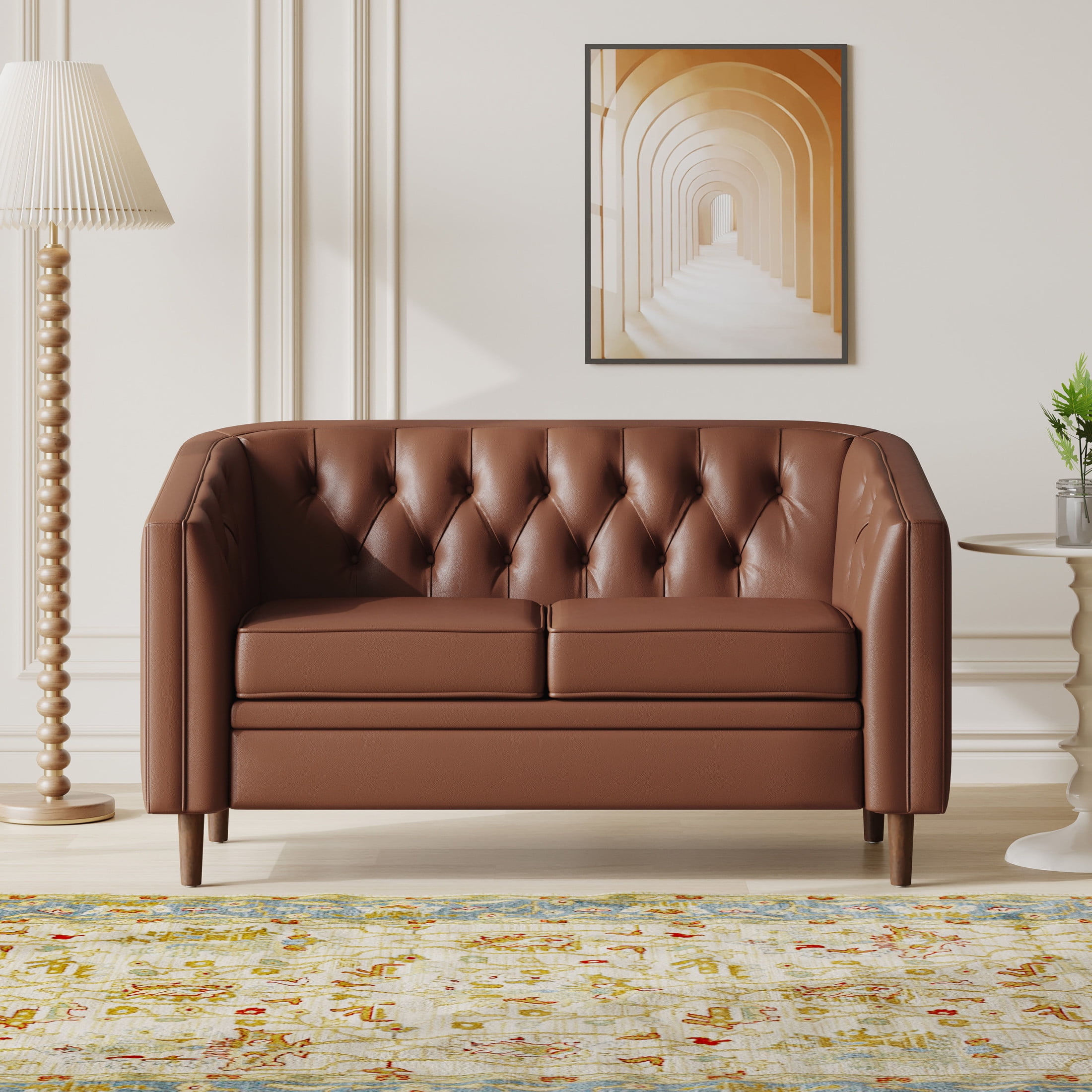 Noble House Brookover Contemporary Faux Leather Tufted Loveseat, Cognac Brown and Espresso
