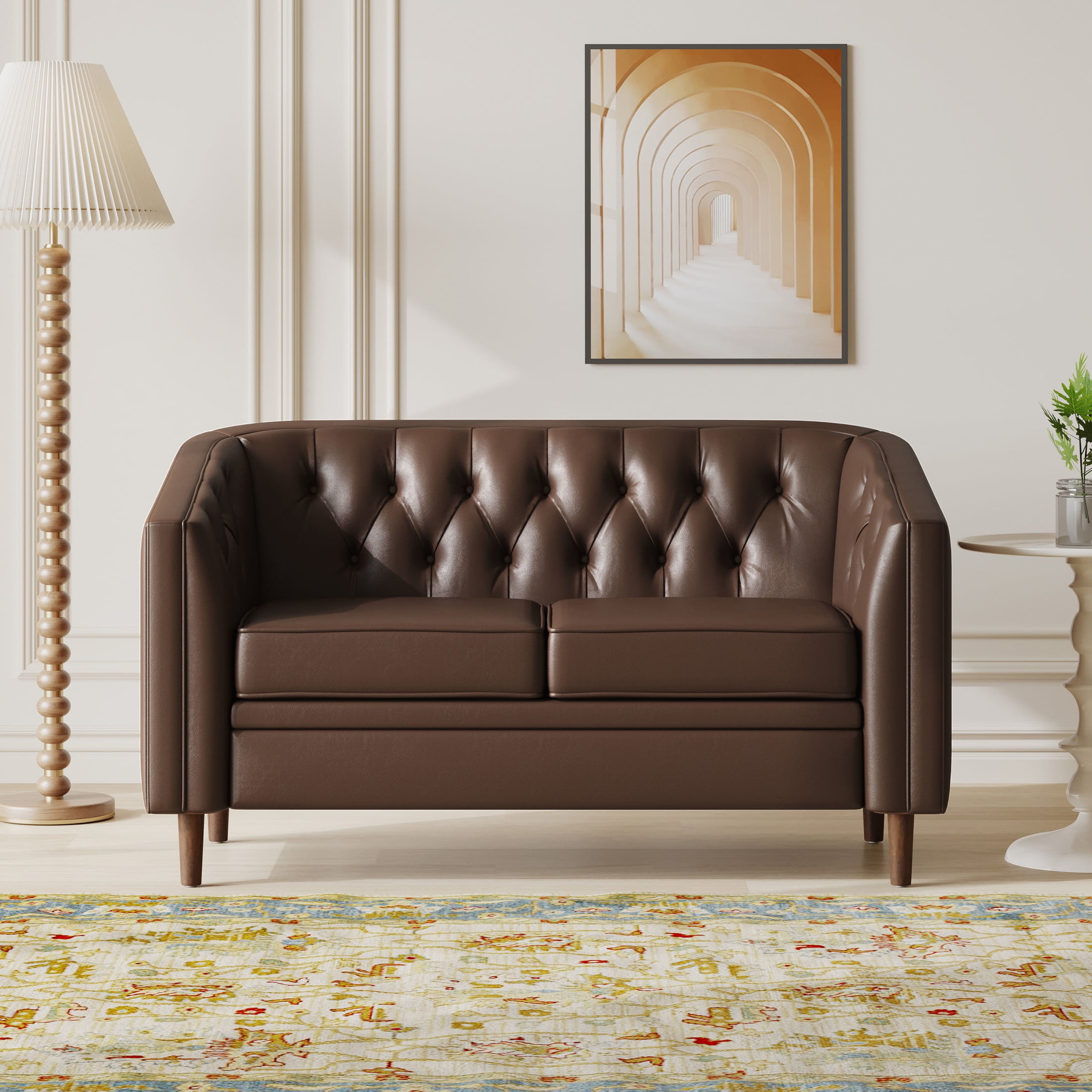 Noble House Brookover Contemporary Faux Leather Tufted Loveseat, Dark Brown and Espresso