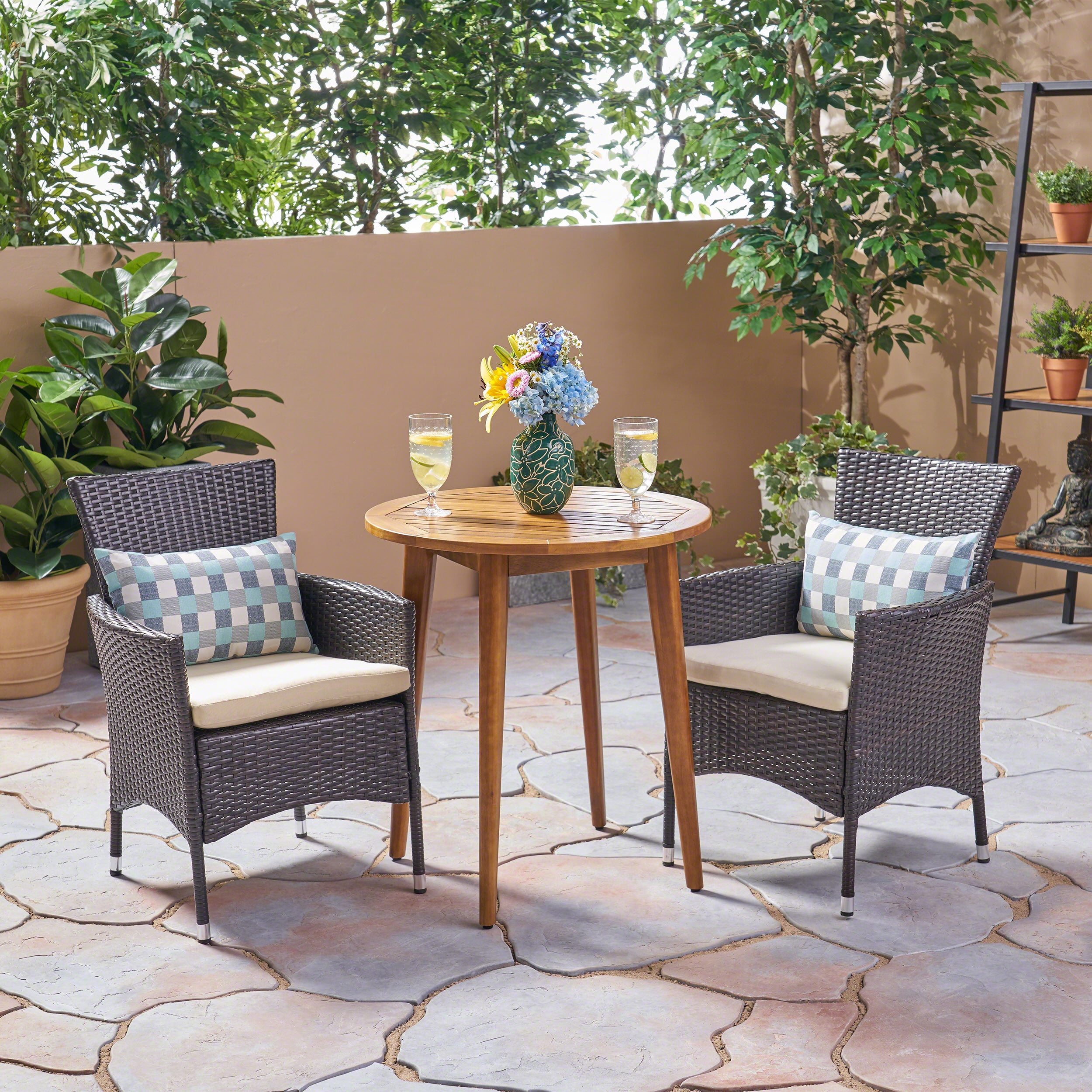 Dilan Outdoor 3 Piece Acacia Wood and Wicker Bistro Set with Cushions, Teak, Multi Brown, Beige