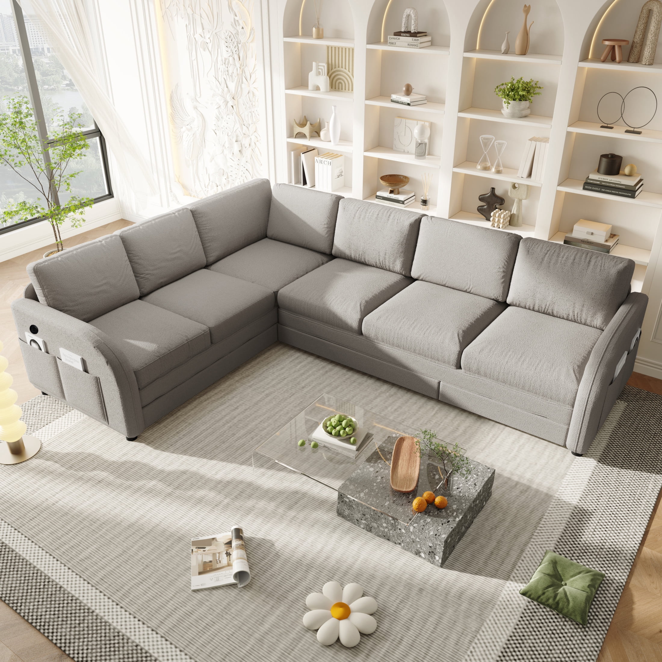 Noble House Bryan 115.2" L-Shaped Sherpa Fleece Convertible Sleeper Sectional with Charging Ports, Light Grey