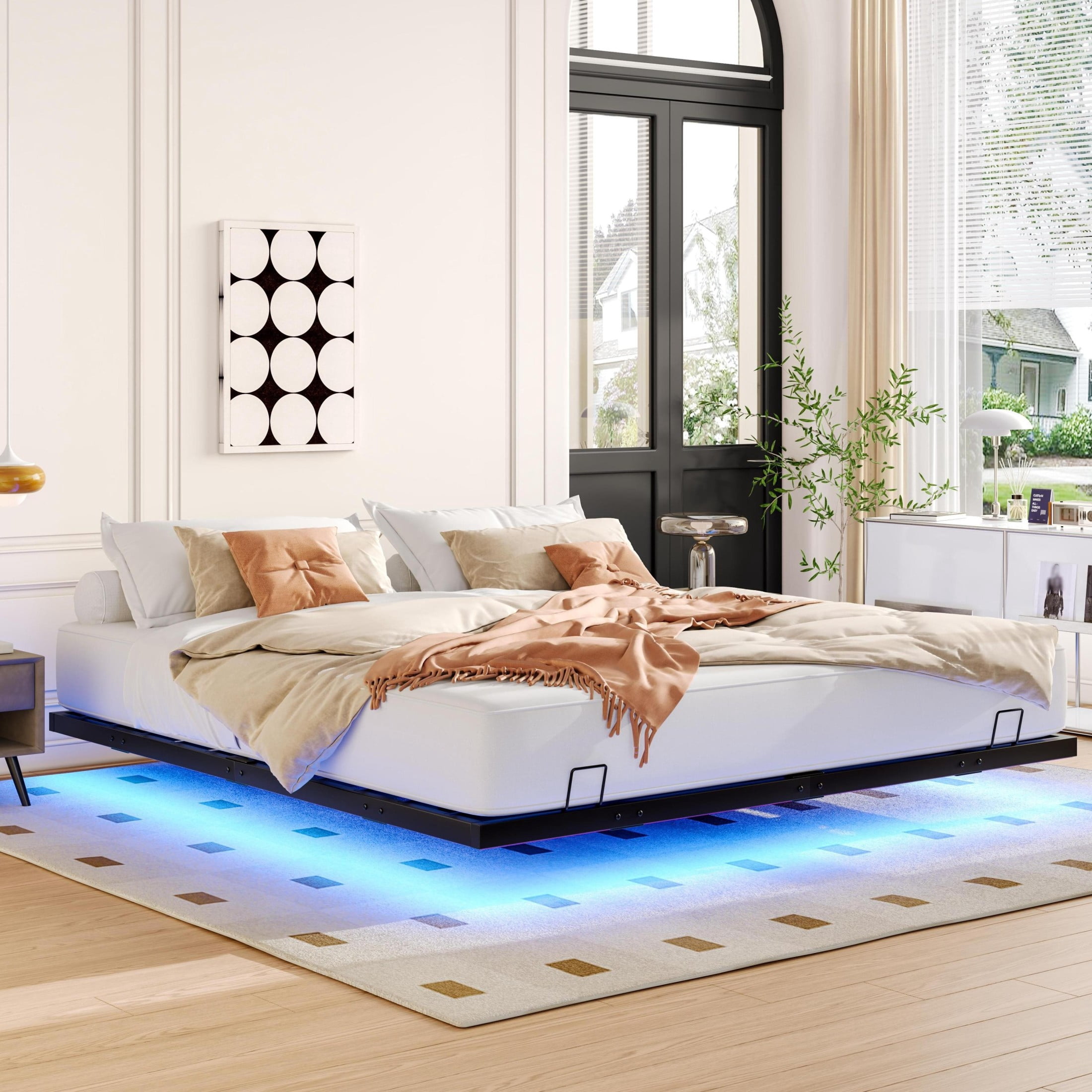 Noble House Bryan 80" King Floating Bed Frame with LED Lights, Modern Metal Platform Bed, Sturdy Support, Black