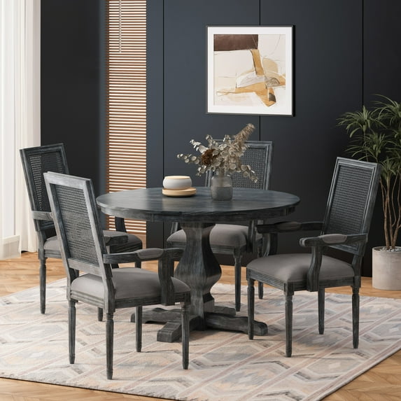 Noble House Bryan Fabric Upholstered Wood and Cane 5 Piece Circular Dining Set, Gray and Black