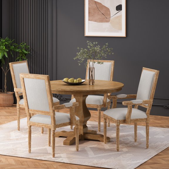 Noble House Bryan Indoor Fabric Upholstered Wood 5 Piece Circular Dining Set, Natural and Light Gray